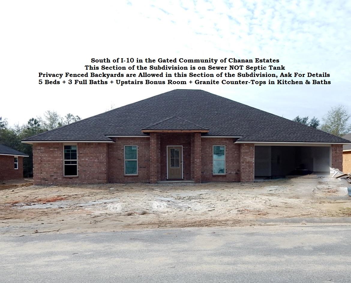 South of I-10, in the GATED Community of Chanan Estates. SHORT COMMUTE TO 7TH GROUP, DUKE FIELD, AND EGLIN AFB. Built by a VA REGISTERED BUILDER. 5 Bedrooms, 3 Baths, 2 CAR Garage. Buyer to verify schools & the Measurements were taken from the floor plan and the buyer should satisfy themselves as changes can occur during the construction process. The builder reserves the right to make changes to the plan or finishes. The lot measurements were taken from the Okaloosa County Property Appraiser's website and/or plot plan/map. CCRs are available, ask the agent for a copy. The sod and sprinkler system will be in the cleared areas of the lot. Builder prefers the buyers to come to the subdivision and look at the home.