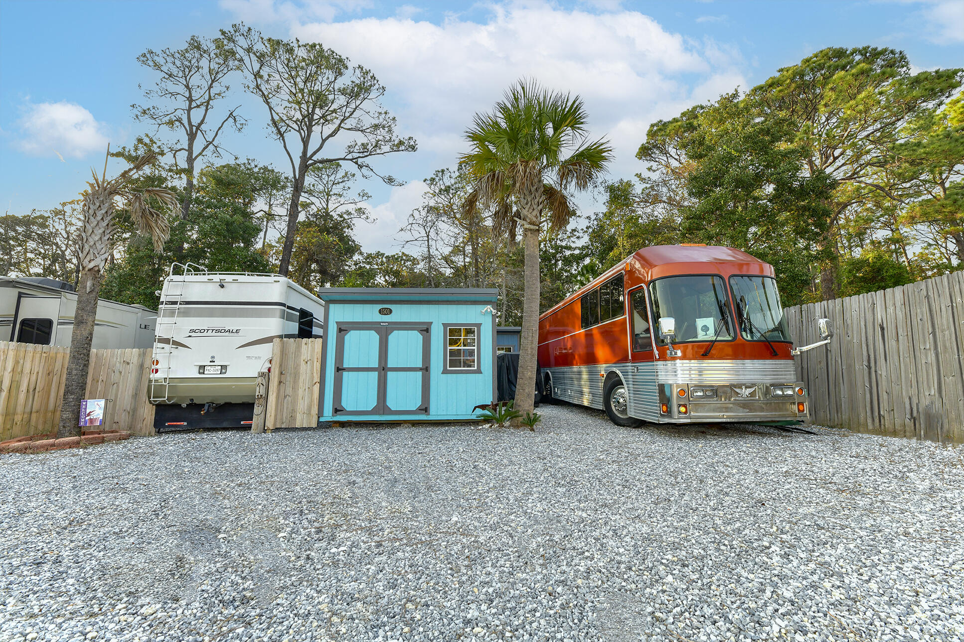 Here's your chance to own permanent RV lots in Gulf Breeze and truly live that RV lifestyle. Two, 25x60 lots side by side with wooded area behind and fellow neighbors only on one side. The Intercoastal Waterway is at the end of Suncrest St. There is a 500 ft private dock with 6 first come first serve boat slips. All the water adventure awaits you! Each lot has its own water, sewer, and electric hookups. The property comes with two brand new 8x12 sheds. The back shed has full laundry, full size fridge, toilet, and water heater.