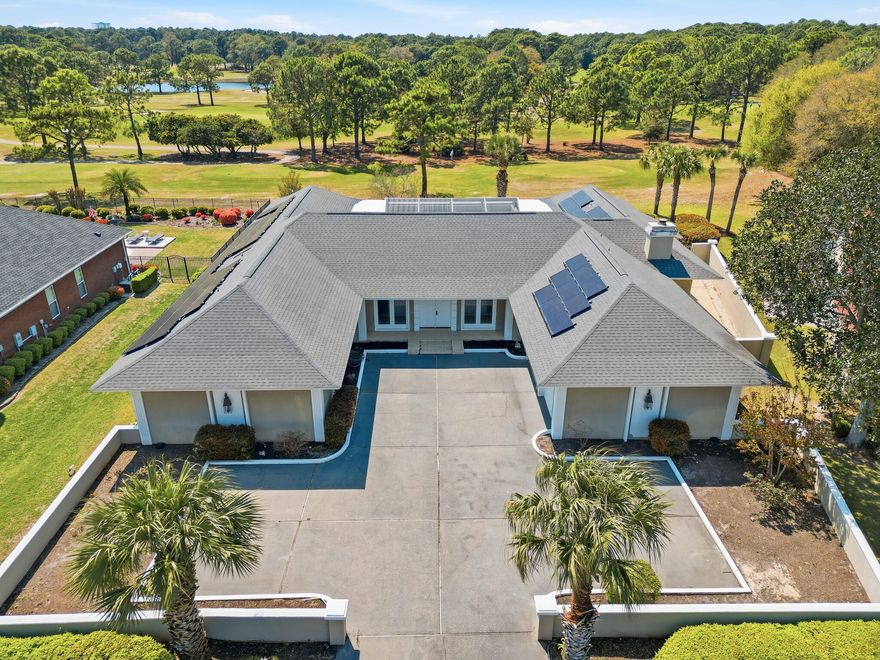 Discover this stunning 4,700+ sq. ft. one-story estate on a pristine golf course in a low-HOA subdivision. As the largest non-waterfront home, it offers privacy on a cul-de-sac with ample parking. Enjoy brand-new upgrades, including a roof, garage doors, and paid-off solar panels that convey with the sale. The home features four spacious bedrooms with ensuite baths, two family living spaces, a wet bar, a formal dining room, and a grand foyer. Built around a private pool, it seamlessly blends indoor and outdoor living. With minimal traffic, top-tier amenities, and competitive pricing, this home is a rare opportunity. Schedule a tour today!