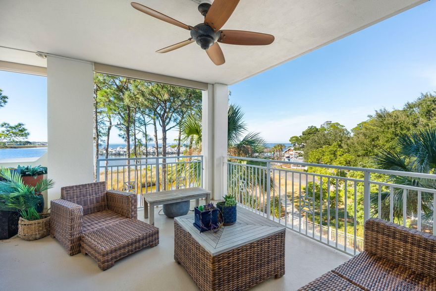 BAY VIEWS. FURNISHED. DEEDED GARAGE. Wake up to stunning views of the Choctawhatchee Bay and the Sandestin Marina, where boats glide by and sunsets become part of your daily routine. Inside, the residence is thoughtfully designed for comfort and connection, with spacious living areas that flow effortlessly toward the water views. Natural light fills the home, creating an inviting atmosphere for hosting friends or enjoying a quiet morning coffee overlooking the marina. The primary suite is a true retreat, featuring a spa-inspired bathroom with a steam shower--perfect for unwinding after a day on the water or at the beach. Each bedroom offers comfort and privacy of its own en-suite bathroom. The deeded private garage makes everyday life easier, with secure parking and added storage.