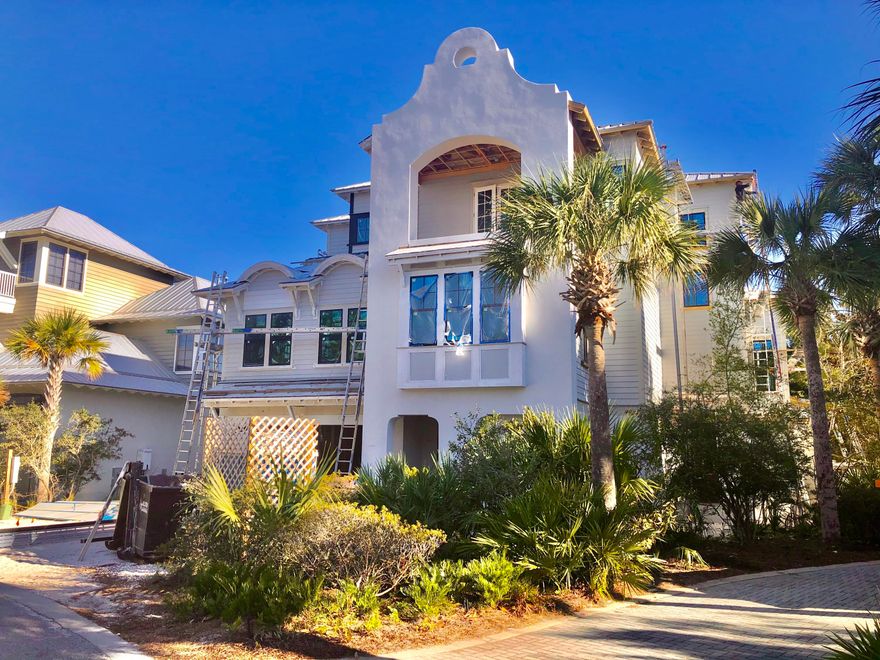 RARE FIND - Exquisite new home under construction in The Retreat in Blue Mountain Beach boasting 5 bedrooms and 5.5 bathrooms with Gulf views from the second and third floors. The first floor includes a separate entrance for the cabana area bedroom, bathroom and summer kitchen. A second bedroom and bathroom are downstairs, as well as a game room that opens onto the patio and tranquil pool. The main floor boasts a large open concept living room, remarkable kitchen, screened patio, and two more bedrooms with en suites. The entire third floor houses the master suite with a gorgeous bathroom, huge closet and screened patio. The home features spacious porches, ample storage and an elevator. No short term rentals are allowed in 30A's most exclusive neighborhood. To be completed in October.