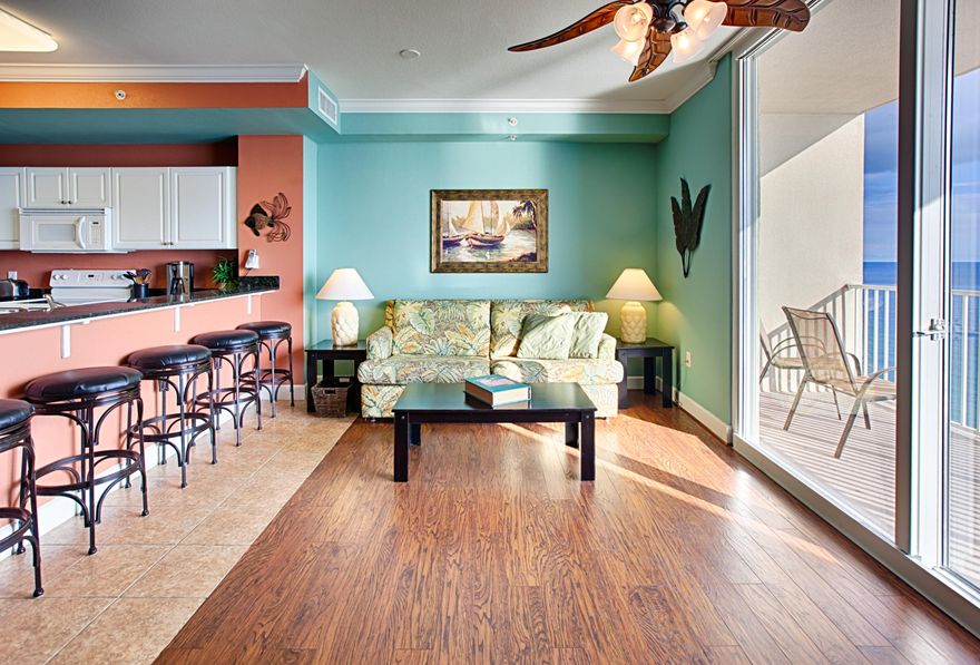 Tidewater is not only one of the most amenity rich destinations in PCB, but one of the best values as well. Unit 1906 is a one bedroom, two bath condo with built in bunk beds in the hallway, allowing it to sleep 6! Other features include 9 foot ceilings, granite counter tops, tile in foyer, kitchen and hallway and baths. Condo also includes very nice laminate hardwoods in living area and bedroom. Additional upgrades include new lighting and fans in bedroom, master bath and living room. With a sleeper sofa, this condo can sleep 6 comfortably. Great rental potential with $8000 already on the books for 2015 as of Feb 1st! Also a snowbird is already in place for the start of 2016! If your looking for a safe condo to make a vacation rental, Tidewater is one of the best on the beach!