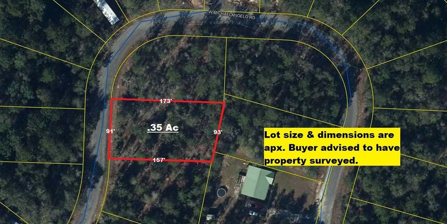1/3 acre lightly wooded lot off Oakwood Lakes Blvd, on W Michaelangelo Rd. Great location just outside city limits and only minutes to downtown Defuniak Springs. Build your dream home, or have a manufactured or tiny home set up on lot. Electric runs along Michaelangelo Rd. Public water is available, with paid tap fee. Septic tank would be required. Priced to sell...this lot won't last long!