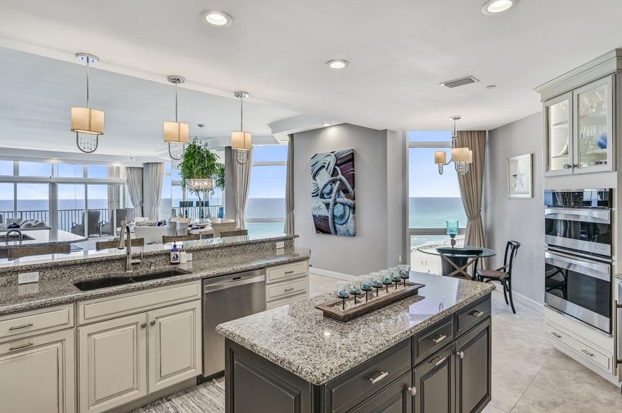 DIRECT GULF FRONT residence in rental restricted development. 9th floor condo spans across 60ft. of gulf front and features over 4,000 sq. ft. of indoor and outdoor living space. Redesigned & fully renovated. 10ft ceilings, floor to ceiling windows throughout. Wide views of the gulf from every room. Open floor plan, High-end appliances, granite & marble countertops, solid wood cabinetry, tile flooring, Bunkrook & guest bathroom, 3 LARGE bedrooms with ensuite baths. Storm shutters, deeded covered parking & storage unit . Only 2 residences per floor. Your personal beach chairs and umbrellas are set up daily.  300ft + of PRIVATE white sand beaches.  Amenities: security, pickleball, fitness center, locker rooms, saunas, tennis, basketball court, shuffle-board, clubhouse, pools, game room.