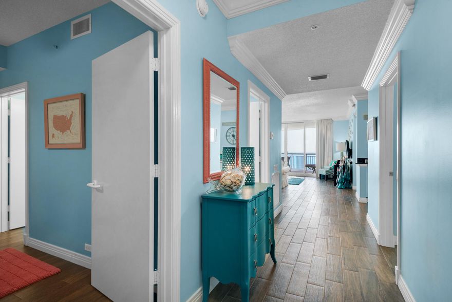 This 3br/3ba 6th floor ''C'' unit has it all! The ''glitzy Coastal Cottage dcor'' sets the mood to enjoy magical views of the pool & Gulf of Mexico. Upgrades include plank tile throughout, crown molding, and stainless appliances. There is no comparison to the trend setting architecture, the spaciousness, the privacy, and the multiple exposures to the Gulf creating a life style like no other. This development is famous for its private entry ways, circular terraces, and Master bath spas overlooking the Gulf. Amenities include Covered parking, Olympic size swimming pool, clay tennis courts, fitness room and social center with a full kitchen for parties and entertaining.