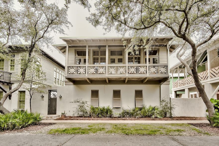 Rosemary Beach quaint 4 bedroom, 4 bath cottage situated Parkside on East Long Green. Great views of Blue Dog Sculpture, RB rooftops and the park from the second floor veranda. Location is everything. This home is positioned for easy access to town center and a direct quick stroll to the beach. The large private courtyard offers a gazebo and private pool for family entertainment. The main living area is on the second level with large windows, doors, and porch extending the width of the house offering wonderful natural light and views. The vaulted ceilings in the living area make this home open, livable and inviting. With two master bedrooms both 1st level, and two additional bedrooms this home has plenty of room for family and friends. Room to add a future carriage house and extend the main house on the second level. All plans must be approved by the POA and design board. Buyer please verify all.