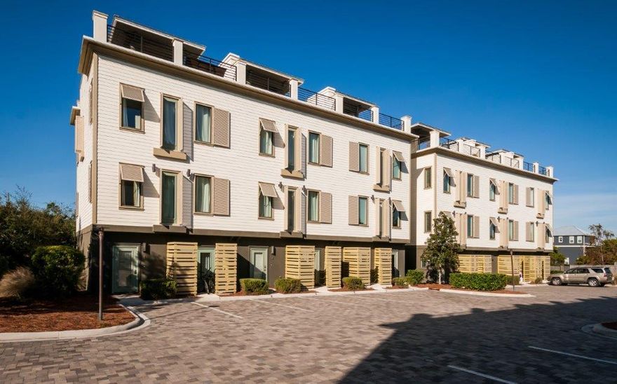 Beautiful contemporary development consisting of 12 townhomes in Blue Mt Beach. Gulf view from 20 x 40 4th fl terrace. Luxurious finishes: wood floors on floors 2 and 3, tile on 1st floor and baths, granite countertops, lrg kitchen island, pantry. Beautifully decorated and being sold fully furnished. Never been rented but is rental ready with extra towels, sheets, etc. Rental projections of $46,000 and $37,000. Amenities include pool with cabana and grill area next to pool. Beach access within easy walking distance. Watch both sunrise and sunset from the top floor terrace. Both east and west sides have tables and chairs for lounging-perfect for enjoying your morning coffee or your happy hour cocktail. One AC replaced last year.