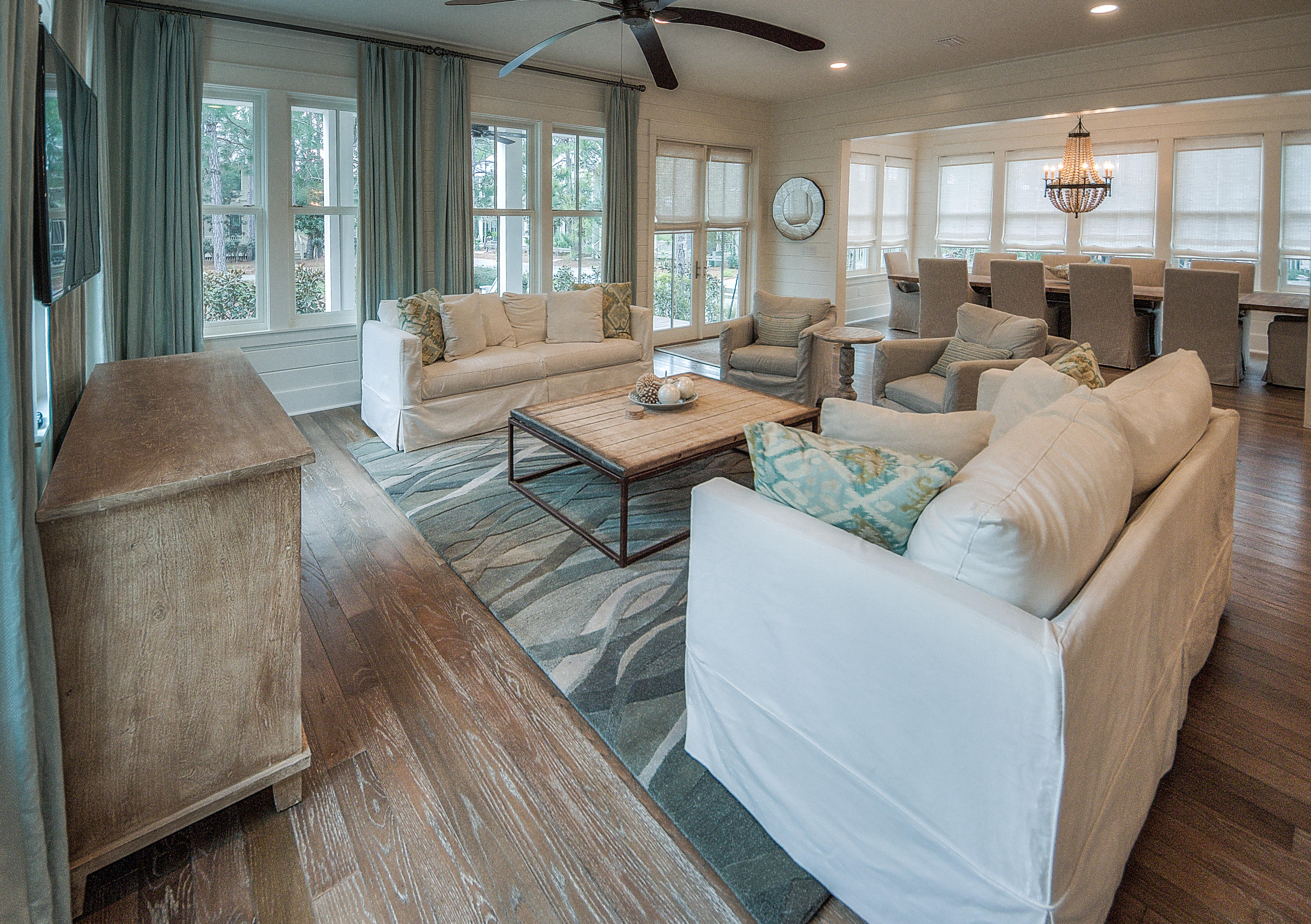 This gorgeous fully furnished 4 BR, 4.5 BA with bunkroom, private pool & beautiful outdoor living space in WaterColor Resort is a must see! No detail was overlooked in the floorplan's, finishes or furnishings. The open concept plan and large outdoor living make this home perfect for entertaining. The living, dining and kitchen offer abundant natural light and lovely views onto Calamint Park. The kitchen features an oversized island and boasts Wolf and Subzero appliances including a wine fridge & ice-maker. The large outdoor living area has an outdoor pool, cabana, and beautiful shell fireplace. Family or guests can enjoy one of two master suites, one on the first floor and one on the second floor both with elegant marble masterbaths. This home offers plenty...