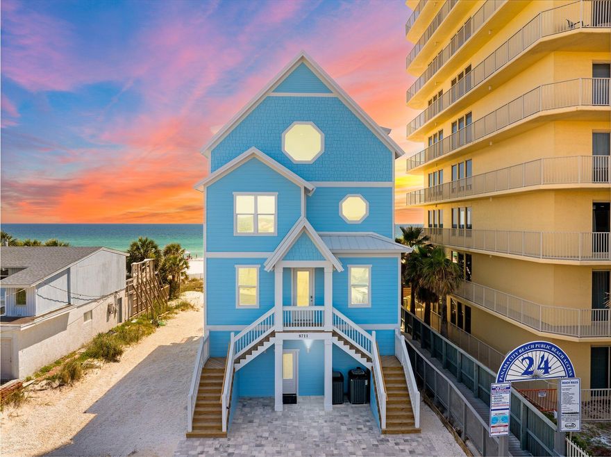 ''Above All'' the ultimate beach house, finished in May and already Booked with over $150,000 in reservations! Backed by a first-year $400,000 rental income guarantee, this Gulf-front luxury retreat offers peace of mind from day one. The seller guarantees that if the rental income does not hit $400k in the first year, he will cut you a check for $50,000, now that's confidence!  Whether you're investing or just want a place to escape,    ''Above All'' is the kind of beach home that checks every box.Freshly styled with over $150,000 of brand-new designer furnishings, high-end accessories, 12 smart TVs, a 412 Game Arcade Console and custom window treatments, this home feels like a luxury resort--only it's all yours. With 7 spacious bedrooms, 8 full baths + a half bath, and a smart layout, everyone gets their own space and privacy, making it perfect for big families or group getaways. The main living area has an 30x30 open floor plan that offers a view of the beach from wherever you stand, welcoming with a chef-style kitchen at the center. You'll love the massive 10'x5' Kitchen Island with granite slabs imported from Brazil, dual fridges, wraparound seating, and 75" a wall-mounted TVall facing the water through hurricane-rated windows and a 10' sliding glass door. Step outside and enjoy the kind of outdoor living most people only dream of. A huge 30x25' beachfront deck, not a splash pool, but a heated 12x23' Gulf-front pool with an 8x6' sun shelf. Designed with safety and beauty in mind, the pool is completed with a sleek powder coated aluminum fence that won't block the view, and strong reinforced balcony railings for extra safety. Every living space was design for the utmost in relaxation, entertaining, and simply soaking up the sunsets. This isn't just a pretty faceit's built for the long haul. The first beachfront home on Panama City Beach built on 12x12 concrete pilings (not wood), driven 20 feet deep for unmatched stability and strength. Most fasteners and fittings are made of Stainless Steel, right down to the beach walkway, this house is built to last.  The house is wrapped in Hardie Board siding, secured with stainless screws, and topped with a rust-proof aluminum roof that is sure to last 30 years or more.  
Large hurricane-impact windows and triple-pane Therma-Tru doors bring in the views while keeping you protected. A full commercial-grade fire suppression system, with 24 hour monitoring, adds another layer of safety across all floors and outdoor spaces. And then there's the architectural showstopper: the largest-ever 6x6 Energy Star octagonal window, bringing in beautiful natural light and giving the home a signature, high-end feel you won't find anywhere else. Upstairs, the third floor offers extra guest suites and a bonus living areagreat for movies, game nights, a pool table, air hockey, to give you a little space to unwind after a beach day. And wait until you see the Master Suite, a 16 ft ceiling with Chapel Windows that will carry you away on the clouds.  And to sit and watch the sunset, how about your own personal lounge area with coffee / wine bar! Yours to unplug and unwind in, in this private oasis. Got toys? You're covered with room to park up to 9 vehicles, including jet skis. And best of all? No HOA, no restrictionsjust your own private slice of paradise with the freedom to enjoy it how you want. You're also steps away from all the excitement, including the soon-to-open Tootsies (this will be the closest beach house), Top Golf, and Dolly's Pirates Voyage, with Pier Park just down the road for shopping, dining, and fun. Whether you're looking for a high-performing short-term rental, a family beach compound, or a long-term investment built for the future, "Above All" lives up to its name. Buyer to verify all dimensions.
