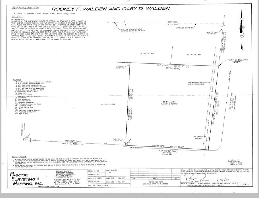 This 5-acre parcel is situated at the intersection of US Highway 331 and Hawthorn Rd, positioned just north of Freeport, Florida, and south of Defuniak Springs, Florida. The property boasts approximately 450 linear feet of frontage along US Highway 331, with the northern side extending about 460 feet in depth and the southern side approximately 430 feet, running along Hawthorn Rd. Utilities such as public water, gas, cable, and electric are available, with installation preparations required. The land is currently wooded and zoned as Estate Residential per Walton County's GIS map, while the adjacent parcel to the south is designated for Heavy Industrial use. It's important for potential buyers to verify all zoning regulations. A current survey of the property is available for review.