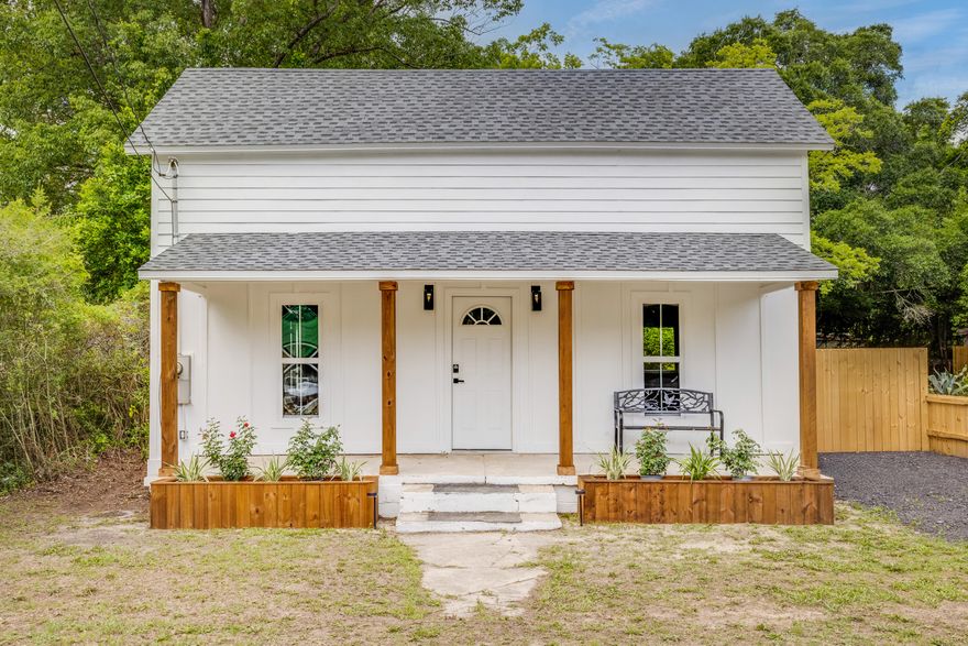 Charming, fully remodeled 1900 home blending timeless character with thoughtful modern updates. This 3 bedroom, 1 bath two-story home features Hardie board siding, stained front columns with built-in planters, and LVP flooring throughout. Enjoy the eat-in kitchen with all new appliances. Original upstairs ceilings add character, while a fenced backyard with mature trees offers privacy. A storage shed provides space for tools and yard equipment. Conveniently located one mile from bustling downtown DeFuniak Springs, where you'll find a variety of shops and dining options, as well as the beautiful Lake DeFuniak, and just 30 minutes from the sugar-white sand beaches of South Walton and 30A. A perfect blend of comfort and convenience, this home is an ideal starter home or retirement retreat.