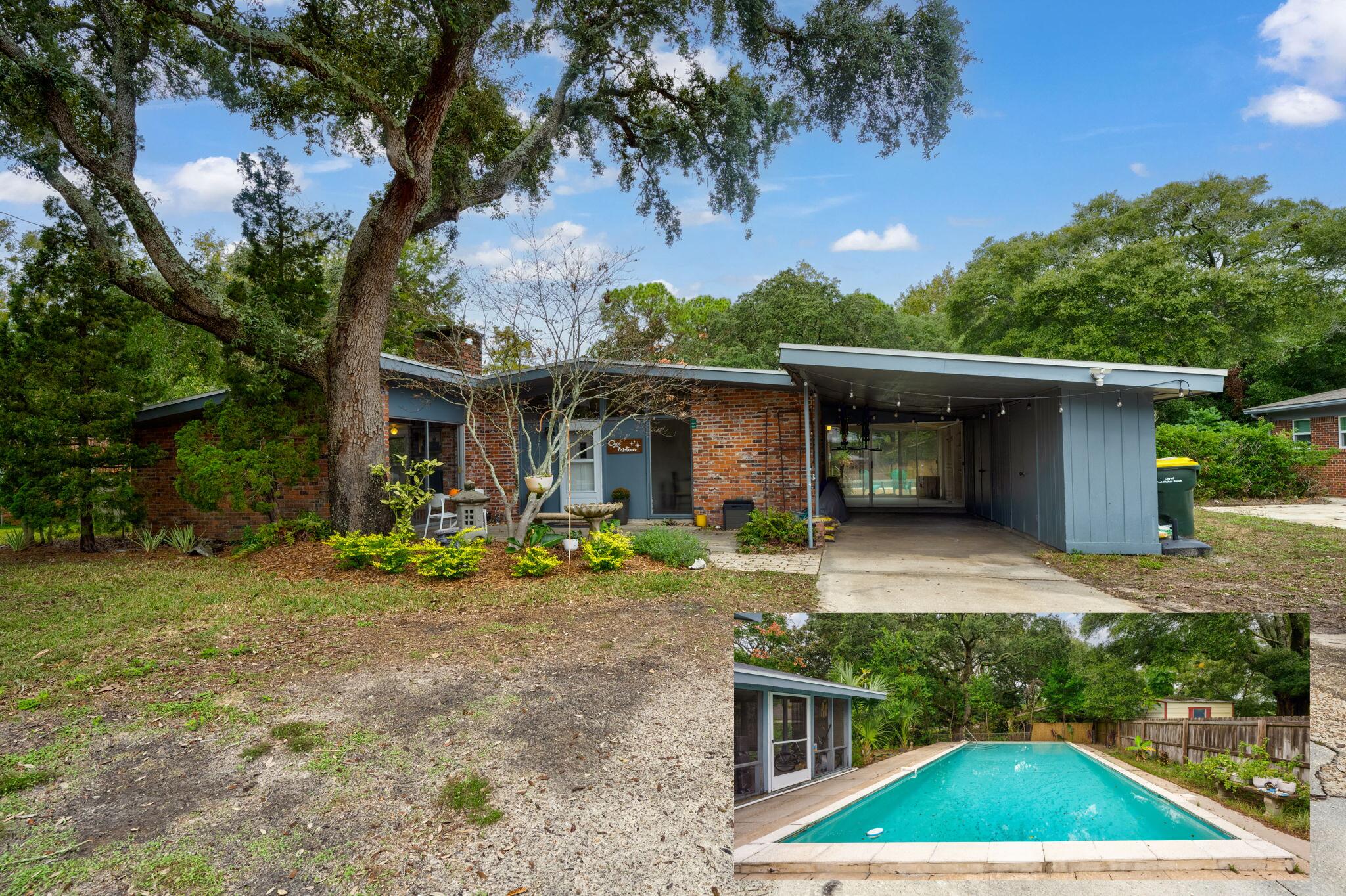 Step into the timeless charm of this rare mid-century modern masterpiece, offering a fusion of classic design and contemporary functionality. Nestled on a quiet, low-traffic street, this unique home is distinguished by its striking clerestory windows that flood the interior with natural light, creating a bright, airy ambiance throughout.Inside, you'll find the mid-century modern allure seamlessly carried through with exposed brick accents and expansive windows overlooking the lush surroundings. The living and dining areas are anchored by a stylish double-sided fireplace, adding warmth and charm to both spaces.This spacious home features 3 bedrooms and 3 full bathrooms, each with its own unique character. The primary suite offers a private oasis with vintage-inspired details, while the additional bedrooms provide comfortable, well-lit spaces with terrazzo flooring and large closets. The versatile layout of the home includes extra living space, offering potential for an in-law suite, home office, or fitness room, adding flexibility to suit your lifestyle.

The kitchen is a perfect blend of style and practicality, with Gas stove top, wall oven, stainless steel appliances, tile countertops, and plenty of storage. A pass-through window connects the kitchen to the pool room, making it an entertainer's dream. The pool room with new LVP floors and wood accent ceiling, opening to the backyard, is ideal for hosting poolside gatherings or enjoying a quiet morning by the water. 

The outdoor space is a true retreat, featuring a large Gunite pool that serves as the centerpiece of your private oasis. With 3 patios and a screened porch, there are ample options for relaxation, sunbathing, and entertaining. A mature Japanese maple tree at the front, along with a selection of pollinator-friendly plants, creates a haven for birds and seasonal hummingbirds, adding a touch of nature's beauty right at your doorstep. For added convenience, the home features a large driveway perfect for parking a boat, RV, or recreational toys, as well as a covered carport with extra storage space for outdoor gear, tools, or bikes.

This home also boasts significant updates, including a 2021 roof, an HVAC system with units from 2018 and 2024, and a water heater from 2017, New electrical panel in addition 2018, offering both comfort and peace of mind.

Located in a tranquil neighborhood with a lovely bay breeze most days, this home offers a lifestyle of peace and convenience. With Vesta Heights Park within walking distance and quick access to Eglin Air Force Base and Hurlburt Field, this property is perfectly positioned. Plus, it's just a short drive to the pristine beaches of the Gulf of Mexico and the Santa Rosa Sound, perfect for boating, kayaking, and fishing. Downtown Fort Walton Beach, with its dining, shopping, and entertainment, is also only minutes away.

This mid-century marvel combines vintage charm with modern-day amenities, making it a unique and irresistible find.