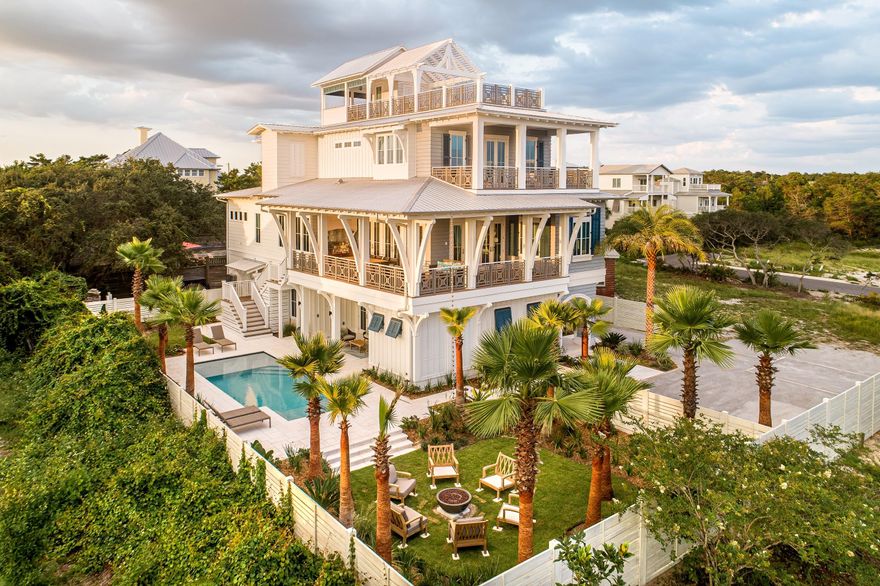 This Nantucket style custom home is over 5000 square feet of new construction with beyond exceptional finishes. 178 Pompano comes fully furnished with much sought after coastal elegant design.  Upon entry, you are greeted with an expansive foyer with pecky cypress ceiling.  The lower floors are perfected in leather porcelain throughout first floor. The grand foyer overlooks the first family area. The first floor comes complete with 2 separate boys and girls bunk rooms, 2 full baths, separate laundry area, pool bathroom with direct access to pool or main floor.  The first floor also overlooks the pool area, access to elevator which has direct access to 3 car garage and a separate golf cart garage. The second floor comes finished with the first master, expansive