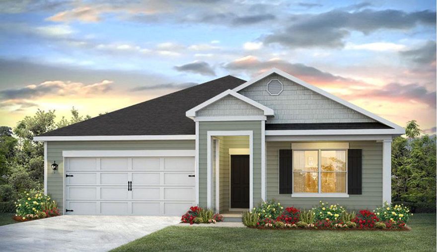 This is the Cali floor plan, 4 bedroom 2 Bath with 2 car garage. This is a split bedroom design with the additional rooms located just off the foyer and Bedroom 1 located off the large living room. The standard features include; stainless appliance -stove, microwave and dishwasher, shaker style cabinetry, Vinyl flooring throughout common areas and plush carpet with pad in bedrooms, Maxim lightingpackage, laminate counter tops and Moen plumbing fixtures. Construction is 4 sides Hardi vinyl with dimensional shingles, sodded yard with some landscaping atfront entrance.