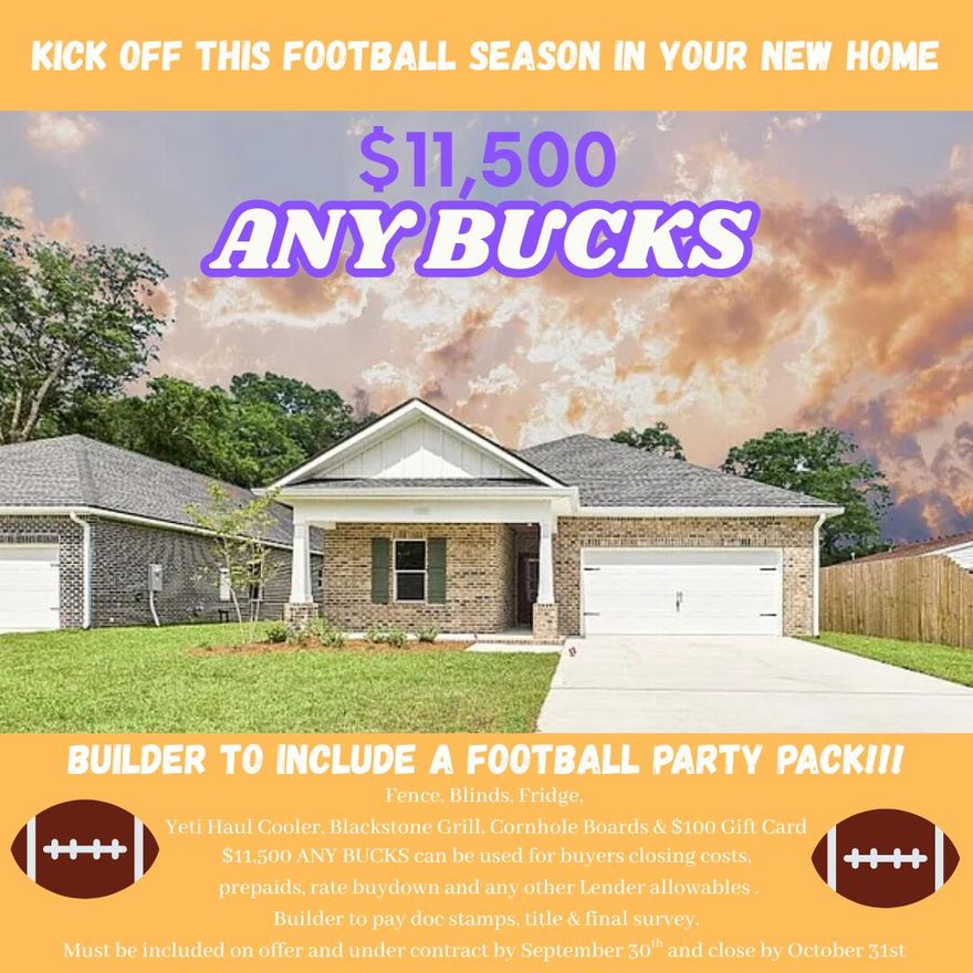 Kick off Football Season in this NEW HOME! The builder is offering $11,500 in ANY BUCKS and a Tailgate Party Pack including a Yeti Haul Cooler, Blackstone Grill, Cornhole boards, and a $100 gift card! Plus, the builder will pay doc stamps, title fees, and the final survey. A fence and refrigerator are also included, and buyers can choose from multiple blind options to customize their new home. Move into this stunning 5-bedroom, 3-bathroom new construction home with 2,318 sq. ft. of thoughtfully designed living space. Perfect for multi-generational living, this home blends modern comfort with timeless charm.The upgraded kitchen showcases quartz countertops, a tile backsplash, soft-close shaker cabinetry, pendant lighting over the island, and sleek stainless steel appliances. Luxury vinyl plank flooring flows throughout, including the bedrooms. This home is filled with custom features you won't typically find in other new construction homes:
* Designer lighting in the dining area and bathrooms
* Crown molding and cased windows for a polished finish
* Upgraded mirrors and fixtures in bathrooms
* Ceiling fans already installed
* Built-in drop zone for everyday convenience
* Laundry room cabinets for extra storage
Tray ceilings, natural gas service (heat, cooking range, dryer hookup, and tankless water heater), and carefully chosen finishes elevate the appeal even further.
