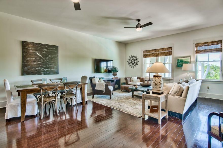 This top floor three-bedroom, three-bathroom condominium is the perfect vacation getaway. This condo sits at the corner of Scenic Highway 30A and County Road 83 in the heart of Blue Mountain Beach, and includes deeded beach access. The open floor plan of the living and dining room provide a perfect place to entertain during those family trips to the beach. The modern kitchen, complete with handsome light wood cabinets, stainless appliances and granite countertops, is ideal to prepare a quick vacation feast. Elegant touches, like smart aquatic table pieces and bamboo shades, give this condo an upscale flair.