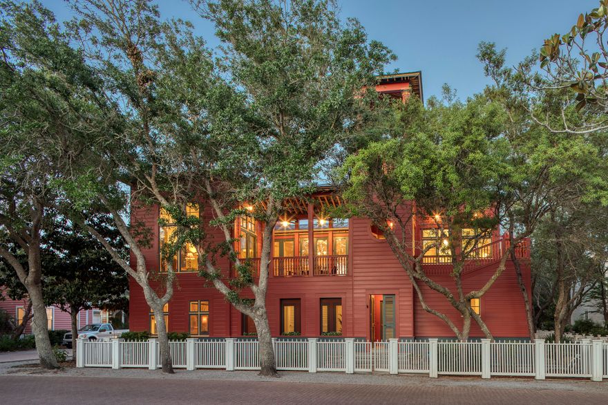 Then-Town Architect and 2019 Seaside Prize Winner, Charles Warren, used the ancient Roman statesman Pliny the Younger's letters as a jumping off point for the design of his highly lauded Neoclassical villa and Pompeiian-red icon at the corner of Odessa and Forest. Every color and most decor elements are original and intentional, informed by antiquity to create a ''gentle mediation between man and nature'' that would make Pliny proud. Drawing on the inherent perfection of the golden ratio for its exacting proportions, every aspect is true to Warren's interpretation and symmetry, right down to the deliberate cube-within-cube placement of the master bed. Articulated as a sequence of increasingly classical details inward and upward across three levels, it is equal parts indoors and out.