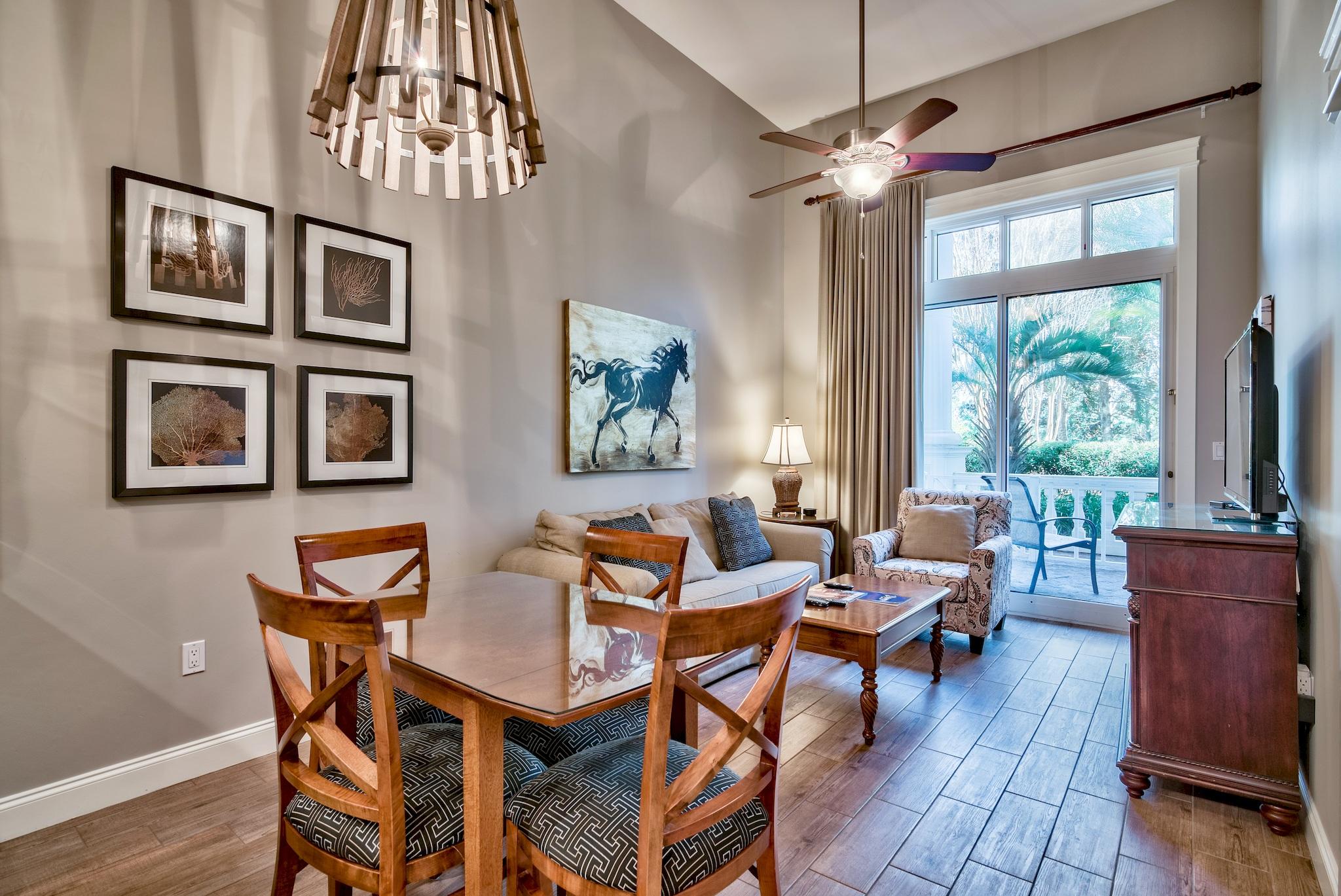 Very convenient first floor just off the main lobby (no elevator) easy access to the Bally hoo Bar and fitness room. Adjacent to the Conference Center and a short distance to the Baytowne Wharf Village and all of its amenities. As an introduction to the Sandestin lifestyle, we invite our new owners to explore amenities that make Sandestin special. The listing brokerage and seller(s) are presenting the buyer(s) of this property with (2) 90-minute rounds of Tennis court time, a golf foursome at one of our three championship courses, a round of golf for up to four (4) players and an invitation to ''Club Night'' at the unrivaled Burnt Pine Golf Club.