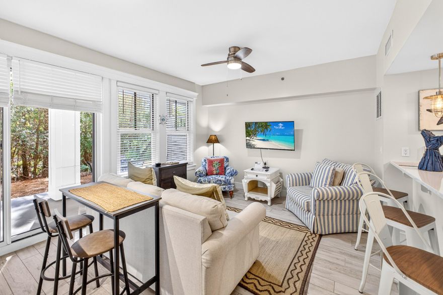 Rare opportunity for golf cart parking at Lasata--available to this unit if the owner remains on the Sandestin Rental Program. Golf cart parking is extremely limited in this area, making this a valuable perk for owners participating in the program (monthly fee required if utilized). The golf cart itself will convey with the sale.Beautifully updated and fully furnished, this ground-floor Lasata condo offers effortless living in the heart of Sandestin Golf & Beach Resort. Featuring light porcelain plank tile flooring throughout and sleek quartz countertops, the coastal-inspired interior is both stylish and functional.This one-bedroom, two-full-bath residence comfortably sleeps four and is thoughtfully designed for easy entertaining and everyday comfort. Step out to the patio and enjoy a glimpse of the bay, adding to the relaxed coastal atmosphere.

The ground-floor location provides convenient access to Baytowne Wharf, allowing you to enjoy concerts, festivals, dining, and shopping without dealing with resort traffic. Updated systems add peace of mind, and the condo's turnkey condition makes it ideal as a primary residence, second home, or investment opportunity.

Enjoy low-maintenance living in one of Sandestin's most desirable communitiesLasata at Baytowne Wharf.

As an introduction to the Sandestin lifestyle, we invite our new owners to explore amenities that make Sandestin special. The listing brokerage and seller(s) are presenting the buyer(s) of this property with (2) 90-minute rounds of Tennis court time, a golf foursome at one of our three championship courses, and a round of golf for up to four (4) players at the unrivaled Burnt Pine Golf Club.
Sandestin Golf and Beach Resort features more than seven miles of beaches and pristine bay front, four championship golf courses, 15 world-class tennis courts, a 226-slip marina, a fitness center, spa and celebrity chef dining. Shop, dine and play at the charming pedestrian village, The Village of Baytowne Wharf and more. Inside the gates of the resort, residents enjoy a balanced lifestyle of high-class living, spanning the 2,400 acres from the beach to the bay. Everything within the gates of the resort is accessible by golf cart or bicycle. The entire resort is interconnected by miles of pedestrian, bike and golf cart paths that weave through groves of live oaks, meandering past natural lagoons, fountains, man-made lakes, and meticulously landscaped fairways.