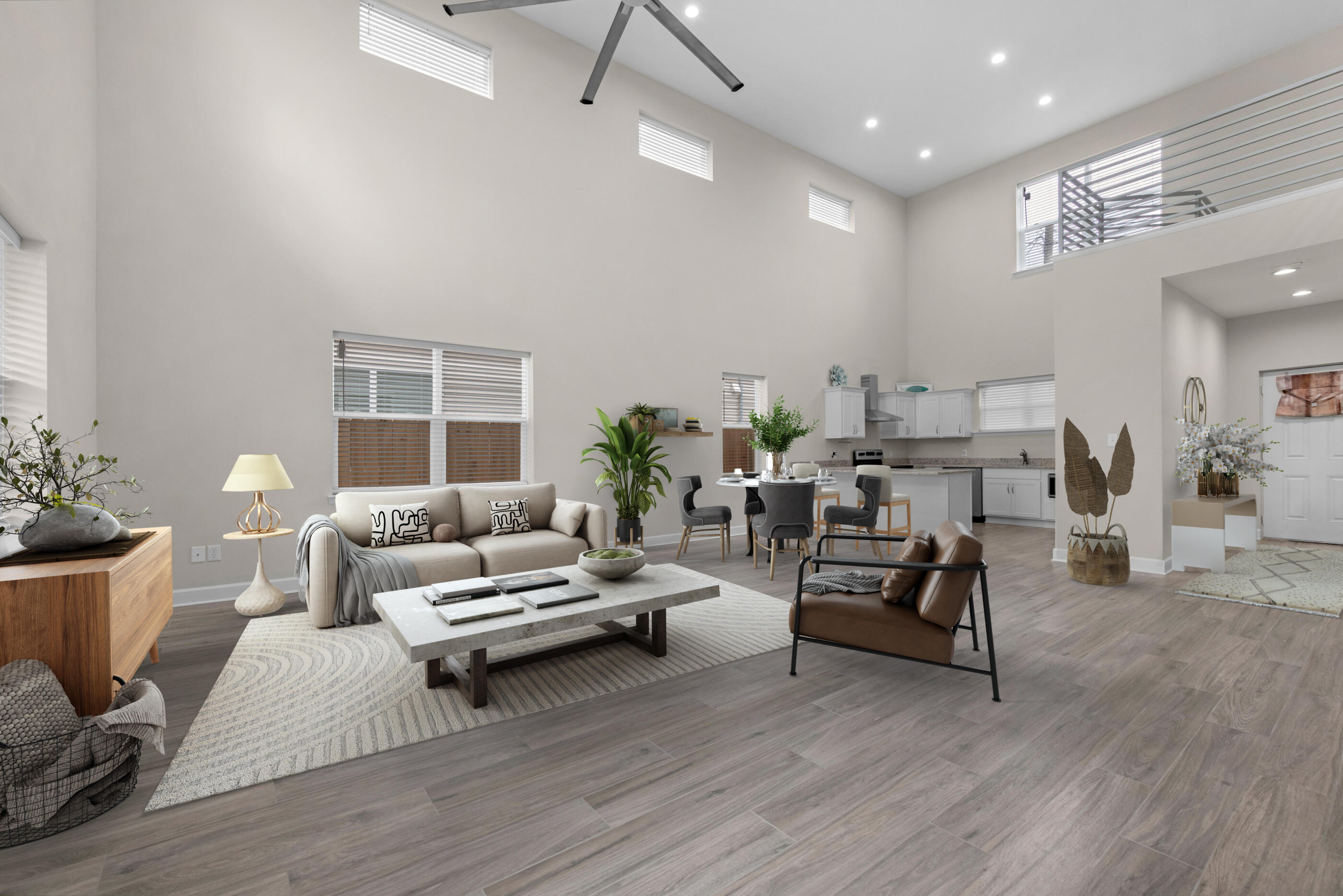 If you're looking for a newer construction in East Navarre, this is it! This rare modern design home features three full bedrooms, 2 1/2 bathrooms, with 20 foot ceilings! The electric blinds with remote app make it easy to shut down for the evening. There's no HOA in this community, and the yard is fully fenced. As you go up the metal railing staircase, you'll notice a loft area that would be great for an office space. Natural light pouring through the home and plenty of entertainment room downstairs. The master retreat is on the first floor, and the spare bedrooms are upstairs. This is a one owner home that has been barely lived in. You'll feel like it's brand new! Industrial sized upgraded fan in the living room, open kitchen, layout to the dining room and living room. Double car garage with plenty of parking space and conveniently located in the back of the neighborhood around the curved road. Very quiet community and a close commute to the beach or to the bases.