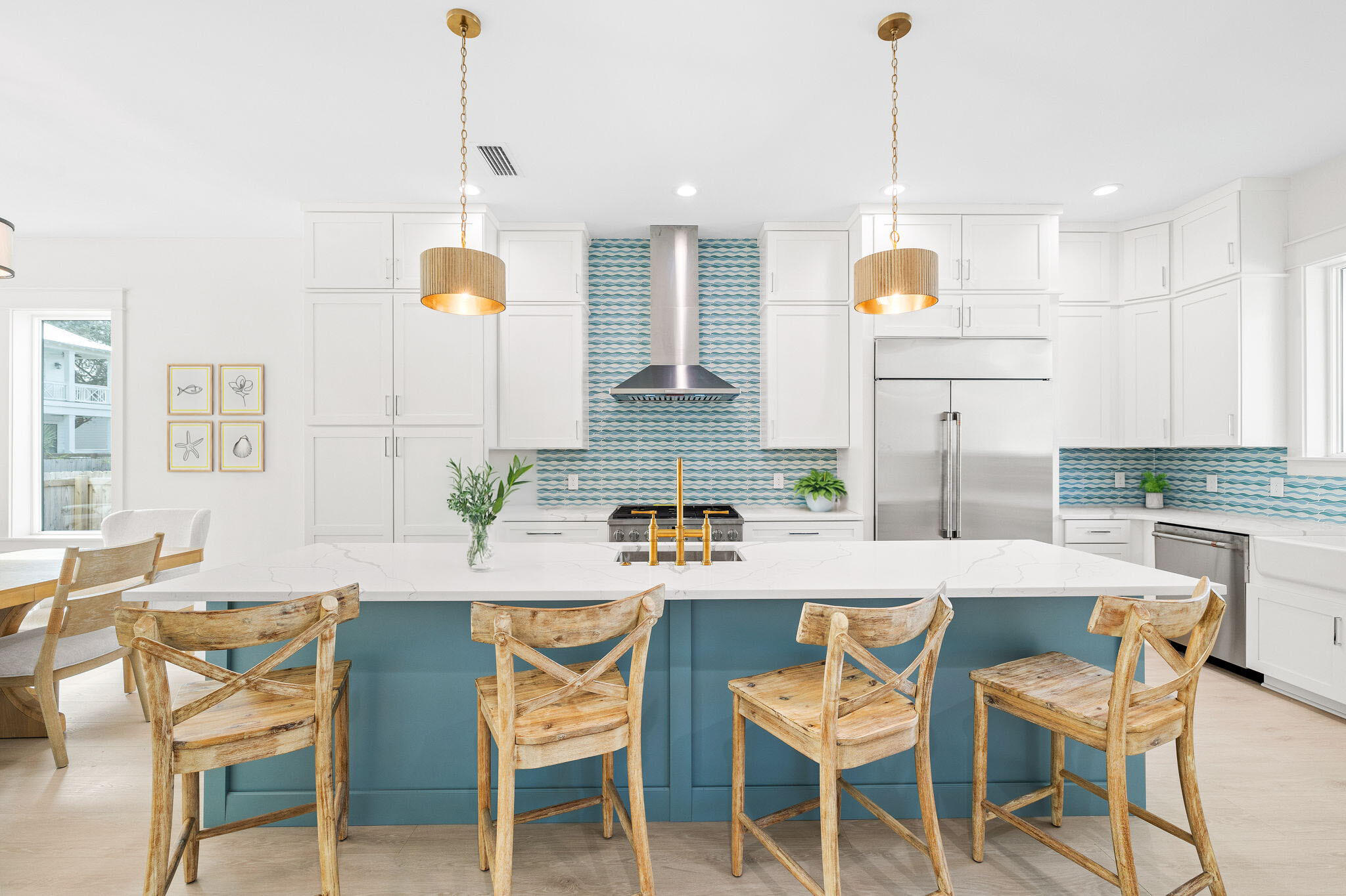Discover coastal elegance in this stunning newly constructed home at 144 Dalton Drive, offering a perfect blend of luxury, comfort, and prime location. Just a short stroll from the Eastern Lake Beach Access, this home is equally poised as a great vacation rental or second home/primary. Inside, over 3,200 square feet of thoughtfully designed living space await, featuring 5 spacious bedroom suites--each with its own private ensuite bath--plus a convenient first-floor half bath for guests. The open-concept layout is ideal for both entertaining and everyday living, with seamless transitions between the gourmet kitchen, dining, and living areas. The chef's kitchen is a showstopper, boasting professional Cafe series appliances, a 6-burner gas range, double dishwashers, a freestanding ice maker, and a striking blue backsplash that adds a fun, coastal touch. The inviting living room extends effortlessly to a resort-style outdoor oasis, boasting one of the largest pools on the street. Step onto the covered back porch, take a refreshing dip in the private pool, or unwind in the spa. With plenty of space for dining and lounging, this outdoor retreat is perfect for enjoying warm Florida evenings under the stars. Whether you're looking for a full-time residence, vacation home, or investment property, 144 Dalton Drive delivers luxury and convenience in one of 30A's most desirable locations. Don't miss this opportunity to own a brand-new coastal haven.