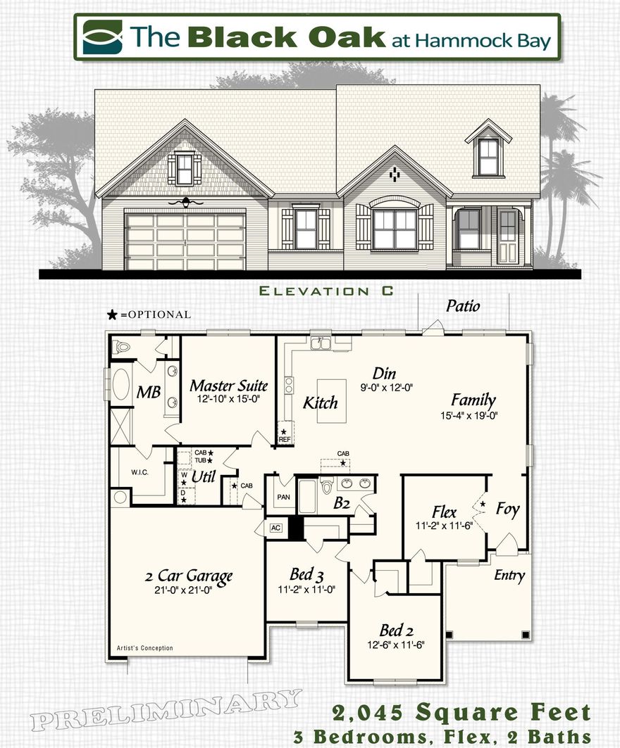 Home Under Construction in Hammock Bay. The Black Oak plan has 2,045 square feet, three bedroom, plus flex room and 2 baths. Brick exterior, low E-vinyl windows, covered rear porch and a 2 car garage. Interior finishings include, 9' ceilings, granite counter tops, laminate, tile and carpeted floor coverings, crown molding, cased windows and openings. Natural gas range and Rannai tank water heater. Stainless Frigidaire appliances, WoodHarbor cabinets with 100 year finish warranty, tiled shower and tub deck. Hammock Bay is a 3,200 acre master planned development which offers a clubhouse, movie theater, pools, workout facility, nature trails and a pet park.