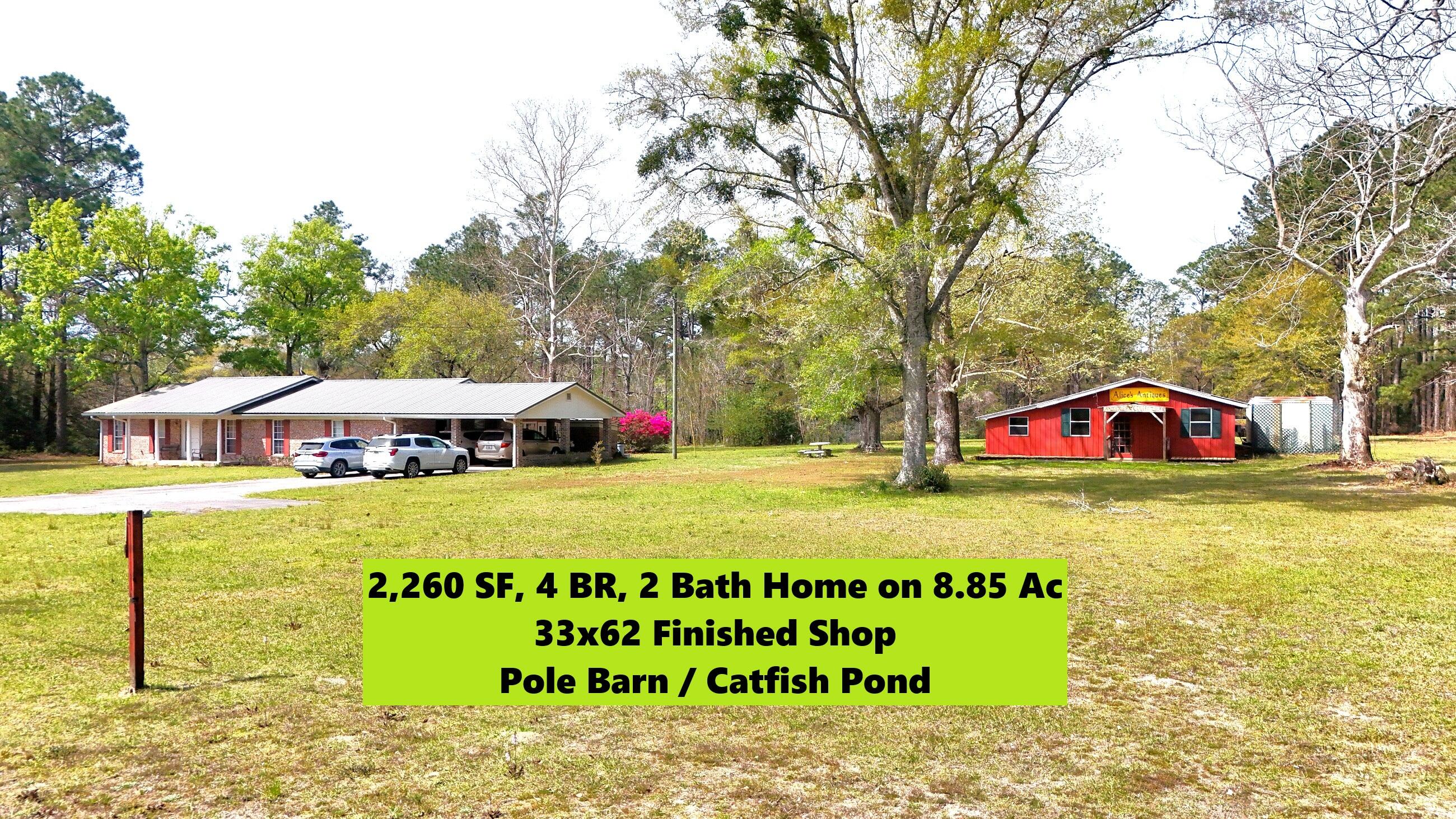 Location, Location...Highly desired Eucheeanna Valley area in N Walton County!! 5 min. to downtown Defuniak Spgs. 3 mi. to I-10 on Hwy 331 S & 30 min. to the Beaches of S Walton! Nicely maintained ranch home on 8.85 acres, w/ catfish pond & multiple outbuildings. Primary out-building is apx 33x62, w/ 33x18 unfinished area & apx. 1,000' finished shop area. Land is mostly cleared w/ a nice mix of beautiful hardwoods, pines, azaleas & blueberry bushes. The home is 2140 sf H&C, w/attached 2-car carport, FL room & covered porch areas. 3 BR, 2 bath, w/ office (or 4th BR) & 20x30 bonus room. Both baths updated apx. 6yrs. Kitchen updated w/ new cabinets & granite countertops. Metal roof apx. 10 yrs. FP chimney was roofed over at that time. A must see...schedule today!!