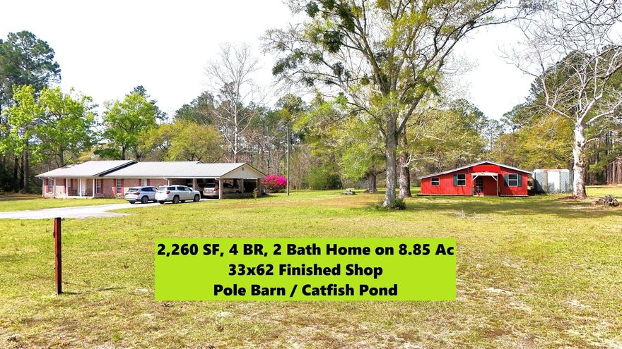 Motivated Seller just reduced by $50,000!! Highly desired Eucheeanna Valley area in N Walton County!! 5 min. to downtown Defuniak Spgs. 3 mi. to I-10 on Hwy 331 S & 30 min. to the Beaches of S Walton! Nicely maintained ranch home on 8.85 acres, w/ catfish pond & multiple outbuildings. Primary out-building is apx 33x62, w/ 33x18 unfinished area & apx. 1,000' finished shop area. Land is mostly cleared w/ a nice mix of beautiful hardwoods, pines, azaleas & blueberry bushes. The home is 2140 sf H&C, w/attached 2-car carport, FL room & covered porch areas. 3 BR, 2 bath, w/ office (or 4th BR) & 20x30 bonus room. Both baths updated apx. 6yrs. Kitchen updated w/ new cabinets & granite countertops. Metal roof apx. 10 yrs. FP chimney was roofed over at that time. A must see...schedule today!