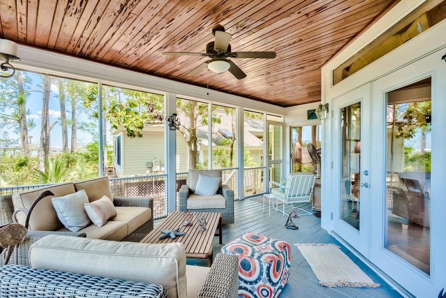 Phenomenal bay and canal views are offered from this beautiful fully furnished cottage at the much desired Sandestin community of Baypines! This pride of ownership in this home truly shows and is evident in the updates that are featured, including a new roof and skylights that are less than a year old. The main level offers a large living space with attractive Heart of pine floors and wood ceilings, custom-built entertainment center, kitchen with Viking stove, Sub-zero refrigerator, Thermador dishwasher, and wine fridge, two bedrooms including one with private bath that can easily be used as a master, and large screened-in porch with stunning pecky cypress wood ceiling. The second level offers the private master suite with it's own huge tiled patio for enjoying the incredible sunsets