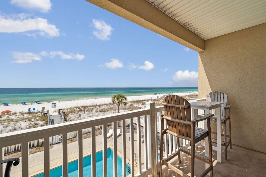 Perched just above the shoreline on the second floor of a low-density, nine-unit building, this one-bedroom, one-bath condo at Veranda on Okaloosa Island delivers uninterrupted views of the gulf and an intimate, uncrowded beachfront experience. With only a handful of neighbors, you'll enjoy the rare privacy and quiet that larger complexes can't offer -- all while being steps from the sand.Inside, the 754-sq.-ft. layout is thoughtfully designed and beautifully finished. Coastal tones and tasteful decor create a calming atmosphere throughout. The living area opens directly to a private gulf-front balcony where waves are your backdrop for morning coffee or evening wine. The bedroom features a king bed and ensuite bath for a comfortable retreat, while hallway bunk beds and a queen sleeper sofa in the living room offer sleeping space for up to six. An upgraded, fully equipped kitchen makes meals easy, and the in-unit washer and dryer add extra convenience for more extended stays. For owner flexibility, the unit also includes a private lockout closetperfect for securely storing personal items between visits.

Recent upgrades include a new water heater and AC unit, giving future owners peace of mind. Community amenities include covered parking, a gulf-side pool and direct beach access.

Whether you're searching for a vacation getaway or a rental-ready investmentearning approximately $30,000 annuallythis charming condo offers everything needed for a strong return and a relaxing escape on Okaloosa Island.
