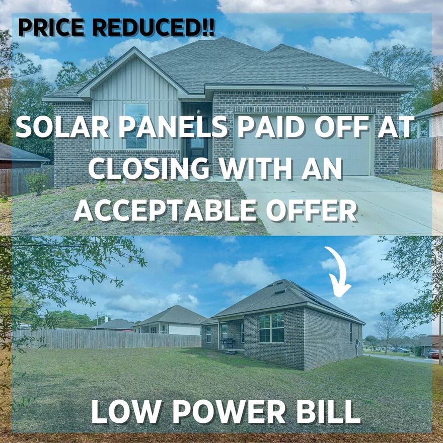 SOLAR PANELS PAID OFF AT CLOSING WITH AN ACCEPTABLE OFFER. Enjoy a low electric cost this summer with a monthly bill as low as $40! Welcome to 5787 Maggie Rose Circle in the heart of Milton. Nestled in a serene neighborhood, this home offers a perfect blend of sophistication and comfort! Built in 2021, this property embodies contemporary design with a world of comfort and charm.  The spacious living area boats ample natural light, creating a bright and airy ambiance ideal for relaxation and entertaining. Enjoy the spacious backyard while relaxing under the covered patio. Schedule your showing today and discover the endless possibilities awaiting you in this delightful home!