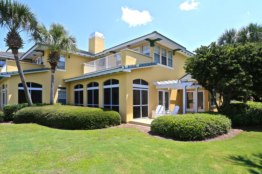 What a view! Situated on the 15th hole of the Links Golf Course, this three-bedroom, three-bathroom, western facing townhome offers fantastic bay, lake, and golf course views. An open floor plan creates a relaxed flow, while large windows and four sets of french doors provide an abundance of natural light throughout this residence. The first floor features a two-story foyer, guest bedroom and bath, a specious living and dinning area complete with hardwood floors and fireplace, an open kitchen complete with breakfast nook, a large screened poach to the back, and a large trellis patio to one side. The home's second floor master suite features spectacular views, private balcony, and a large master bath complete with double vanity, jetted tub, and separate shower. A second guest