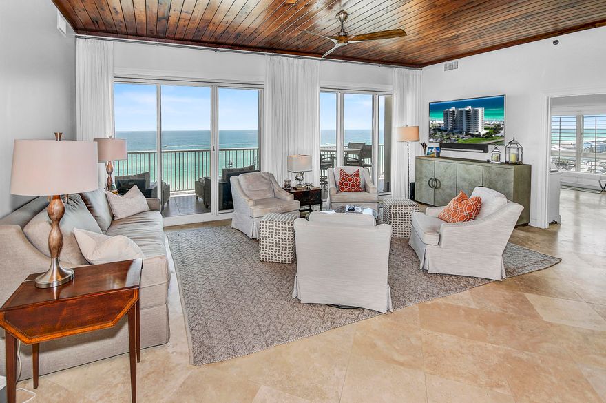 Enjoy unobstructed gulf views from this beautifully remodeled, very spacious residence at the Empress.    This perfectly situated 9th floor condominium is located on the highly coveted west end of the building and features the finest finishes and the latest in design and furnishings. It's a must see, as the owners have meticulously maintained this special offering and have elevated it throughout with improvements such as a pecky cypress foyer ceiling and pecky cypress fireplace mantle, tongue and groove ceilings in the bedrooms, quartzite and granite countertops in the kitchen and bar, top of the line kitchen appliances, double ovens, a warming drawer, travertine flooring, and new HVAC systems in 2021.  The spacious master suite features it's own expansive gulf views with balcony access,