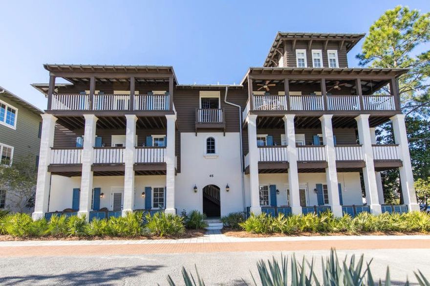 Great opportunity to own in Rosemary Beach! This END UNIT has a huge wrap around porch and no side neighbors which provides a ton of light and great views of the owners pool and the St. Augustine Green. This is one of the larger Flats featuring 2 large bedrooms, 2 full baths and hallway bunks which give this unit great rental returns. So peaceful & serene you will live on this outdoor patio. This Rosemary Flat is being sold fully furnished.