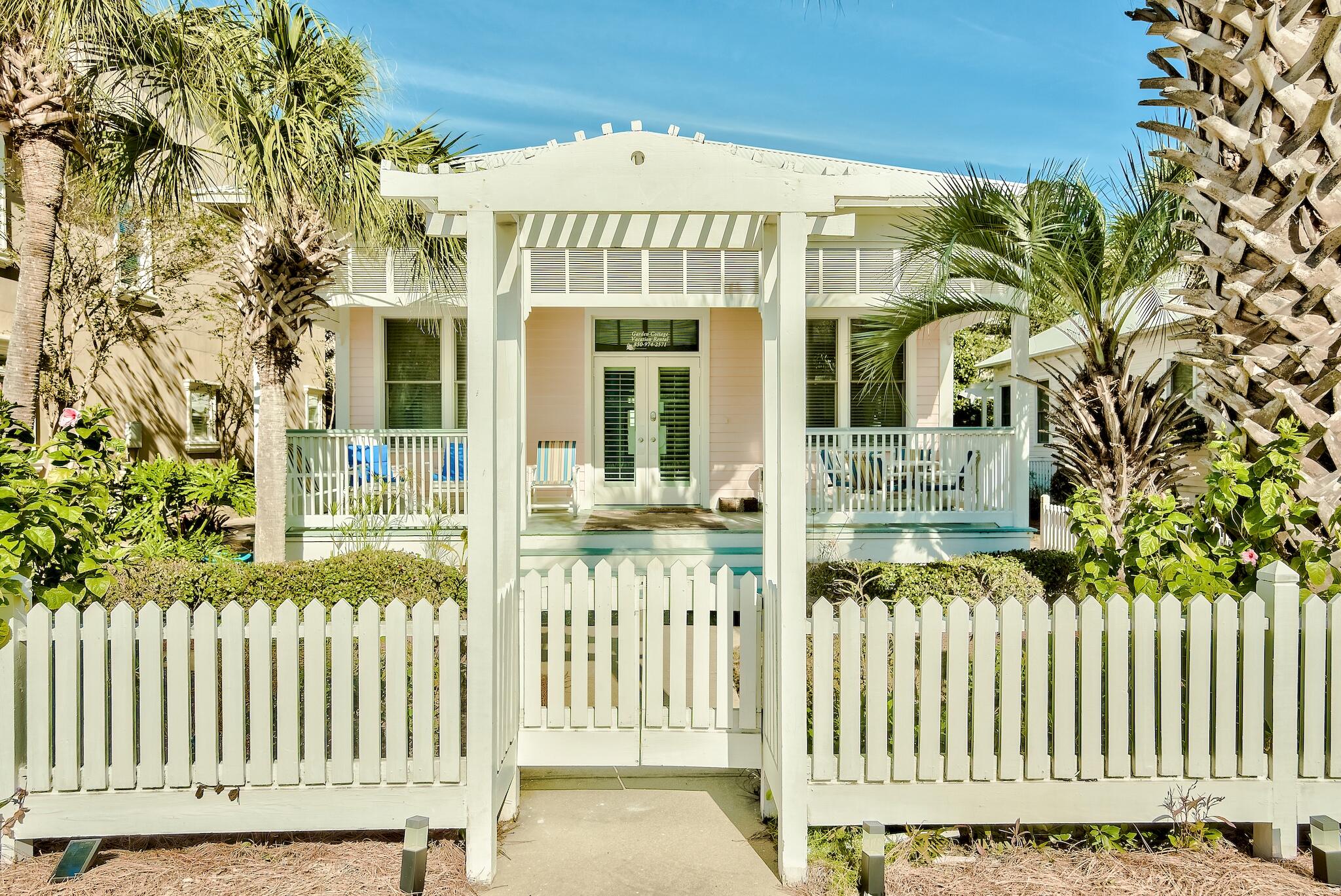 Watch the world go by from your rocking chair on the spacious front porch of this quaint beach cottage. Beautifully furnished with soaring 11ft. ceilings, sparkly white quartz counter tops in the kitchen and master bath. The cottage is in impeccable condition and is complete with everything to make your family vacation perfect. All bathrooms have been remodeled and new kitchen appliances installed in 2015, along with new master bedroom furniture, new sleeper and love seats. New lighting throughout.  New roof in 2019. Frangista is a small upscale Gulf Front Community just 3 homes away from the community pool; with spa, waterfall and cabana, and only 140 footsteps to the private beach. Location is key and this home is in the perfect spot for that dream vacation.