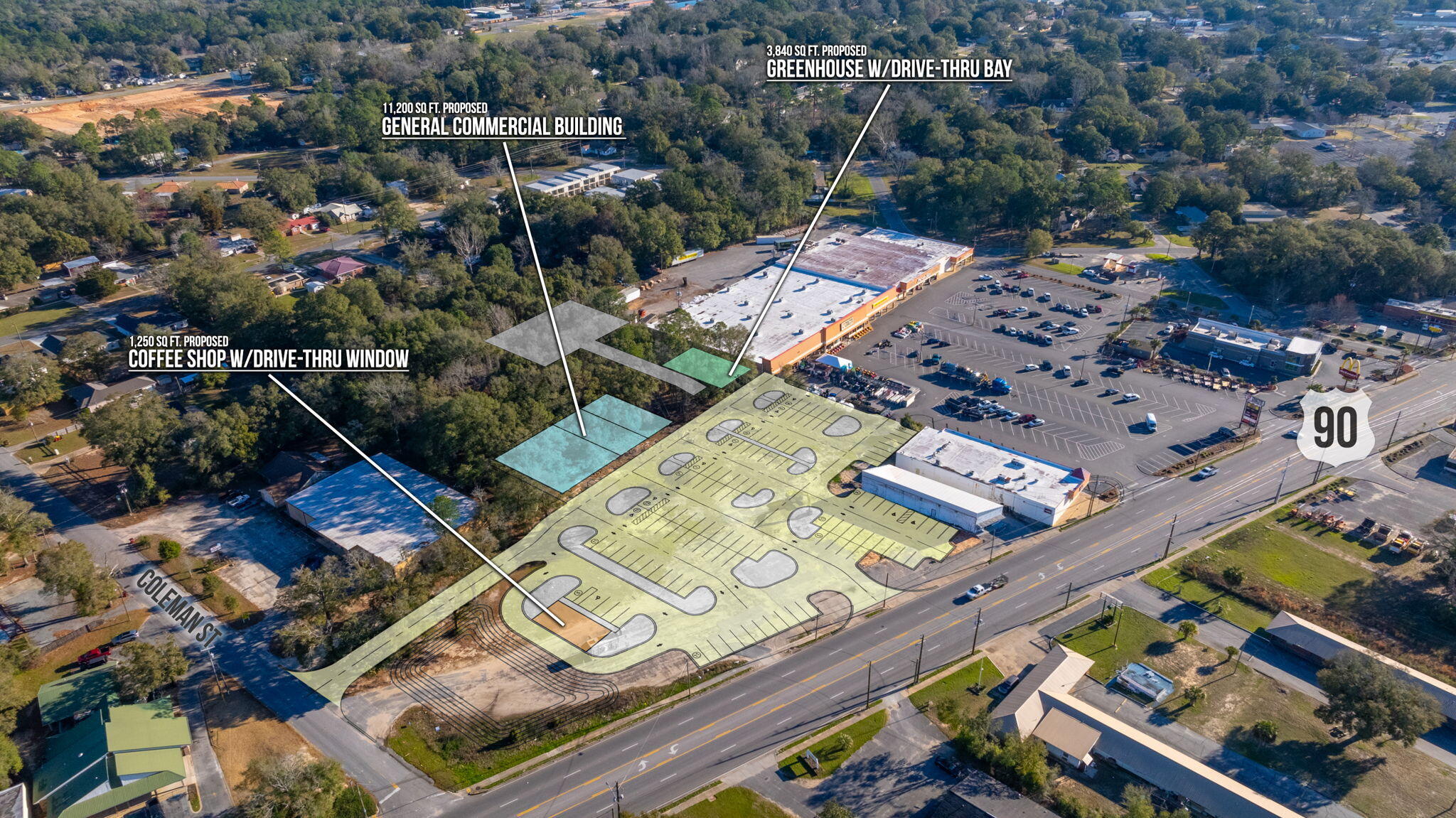 Pre-leasing space in the NEW ADDITION to the Tractor Supply anchored center. This center is ideally located in the heart of Crestview. The Tractor Supply Center is just west of the intersection of HWY 85 and HWY 90. This center is ideal situated to serve Crestview and the surrounding communities of Baker, Milligan, Holt and Laurel Hill. The intersection of HWY 85 and HWY 90 sees approximately 45,000 vehicles per day. The center is occupied by Tractor Supply, Pic N Save, Dollar General, Kims Beauty Supply, Soap Opera Laundry, The Hub, T-Mobile and Nail Experts.
This addition will include three buildings;
- Building A has an 11,200 s.f. maximum contiguous space. This is easily configurable for either retail and/or restaurant space. Building A can be divided into multiple units and has a minimum divisible space of about 2,685 s.f.
- Building B is and existing 2,860 s.f. building that will be completely renovated and divided into two spaces approximately 1,430 s.f. each. Building B fronts directly on HWY 90 and backs up to The Hub, T-Mobile and Soap Opera. Unit B-2 will be the unit closest to HWY 90.
- Building C is a "curb in" pad site designed for a coffee or QSR concept with a drive through lane in place. Utilities will be in place and turned up to the pad. Pad can accommodate up to 1,250 sf.
Contact me today to discuss leasing opportunities.