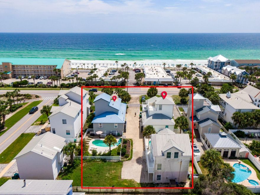 Here is a great opportunity to own three homes across the street from the Beach in Crystal Beach. This property features two 3BR/2BA three story houses and a two story 2BR/1BA carriage house. 3171 includes a wraparound porch and second level deck just off the master bedroom. The first level has a spacious living area with a fireplace, large dining area with lots of windows, kitchen features granite counters, two guest bedrooms and a full bathroom. The second level is the large master suite, master bathroom and large deck with Gulf views. There is a court yard pool and garage as well and this home has not been used as a rental. 3175 the first floor has two bedrooms, guest bath, living area, kitchen, and separate dining area.