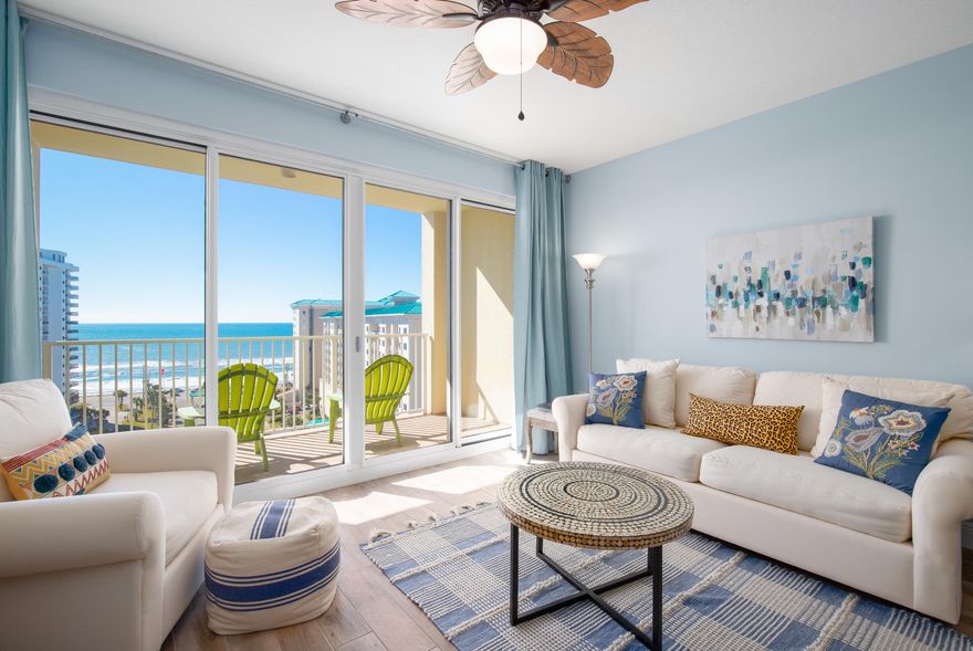 Breathtaking views of the emerald green waters of the Gulf of Mexico will instantly greet you as you walk inside this incredible 11th floor unit at Ariel Dunes in Seascape Resort. Truly in a league of its own, this beach retreat has spared no expense in offering a luxurious feel with coastal decor. Unit 1105 is completely updated and features an exterior storage closet that is located directly outside of the unit. Upgrades include hardwood tile throughout, granite kitchen countertops, sleek black stainless steel appliances, custom backsplash, shiplap wall accents, custom walk-in tiled shower with a seamless glass door, custom vanities in the bathrooms and a tankless hot water heater. Ariel Dunes is located within the gates of Seascape Resort and features loads of amenities including beach