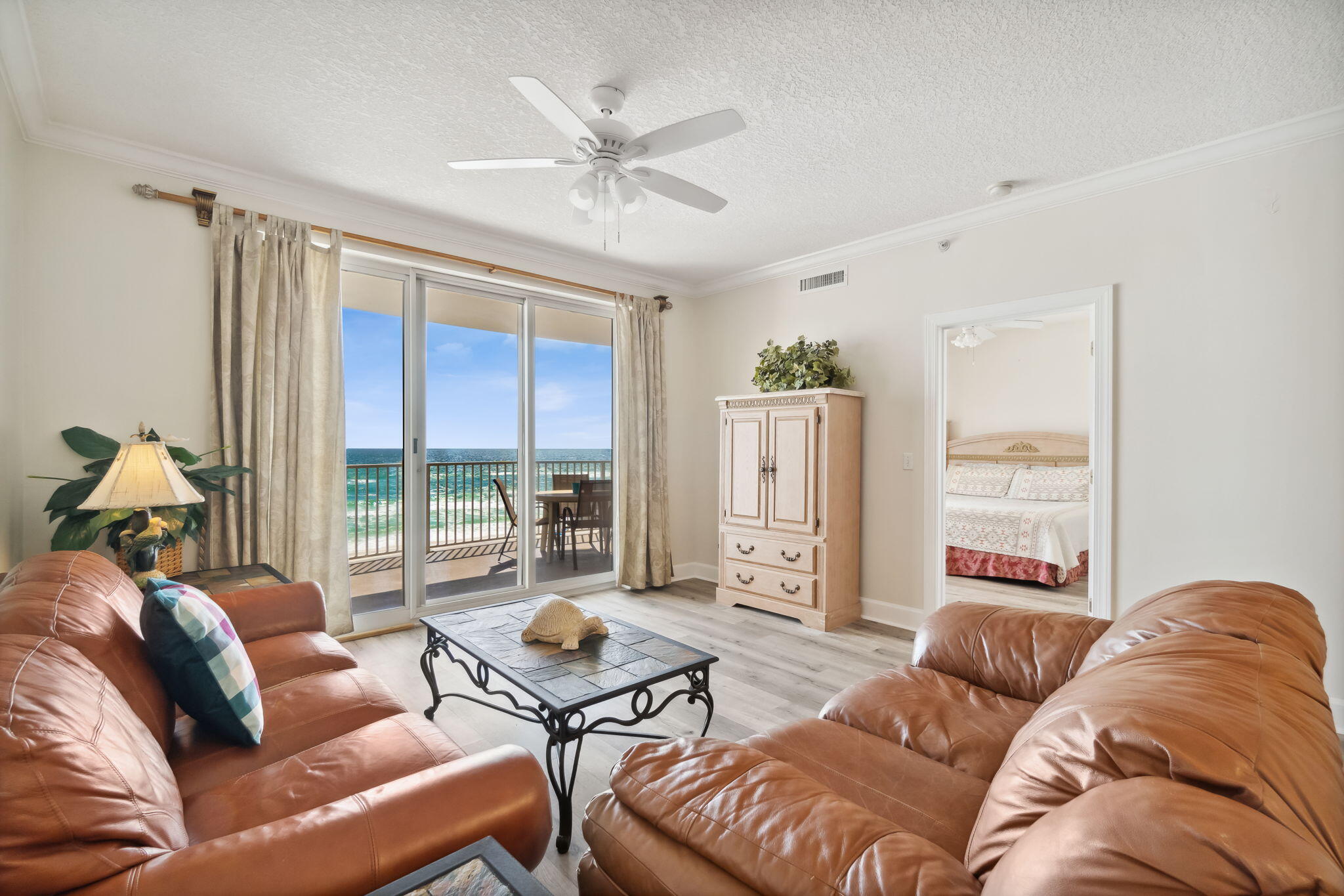 Exquisitely-furnished spacious 5th floor two bedroom/two bath, luxury corner unit overlooking the Gulf of Mexico's emerald waters in the heart of Panama City Beach, FL. Spacious 271 square feet curved, spacious balcony with breathtaking views, accessible from both living room open area and Gulf front master bedroom slider. Laundry closet with brand new large capacity washer and dryer. Twin Palms is a 21-story Gulf-front resort condominium with a 200-foot stretch of gorgeous beaches. The resort features indoor heated pool, outdoor pool, Jacuzzi, steam room, sauna, fitness room, spacious covered parking, high speed elevators, within walking distance from shopping facilities, and restaurants. Close to shopping, entertainment, restaurants. Just a few minutes to Pier Park Shopping.