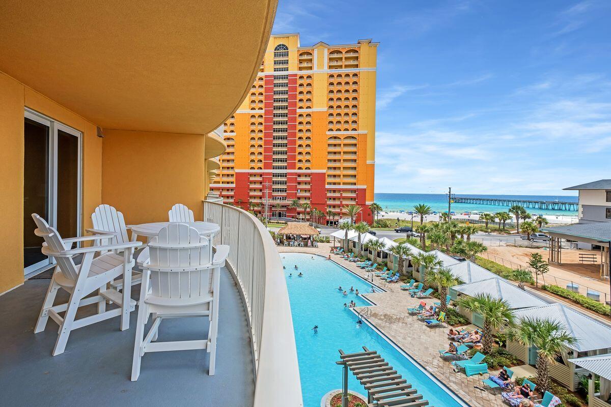 Welcome to Calypso Towers III, Panama City Beach's newest luxury resort, perfectly located just steps from Pier Park. This stunning 1-bedroom, 2-bath condo on the 4th floor offers breathtaking Gulf views, from the primary bedroom and living room, with 2 sets of large sliding glass doors doors leading to a spacious 200-square-foot balcony. Unit 409 is uniquely positioned for maximum privacy, with the elevator opening directly to a foyer just outside your door, and the unit is 100% covered from the parking garage to the unit! The condo boasts wood floors, quartz countertops, updated backsplash, and modern stainless steel appliances, all beautifully furnished and decorated in light, neutral tones. The primary suite features double vanities, a large walk-in closet, and a walk-in shower. Enjoy the convenience of a private owners' closet, a large laundry room, and a Kaba lock for added security. Calypso Resort offers an array of upscale amenities including a zero-entry pool, hot tub, private cabanas, a tiki hut, fitness center, and onsite dining. With easy access to Panama City Beach area top attractions, including the new Dolly Parton's Pirate Show and Top Golf. This condo is sold fully furnished and rental ready. Your coastal dream awaits! Buyer to verify all information and dimensions.