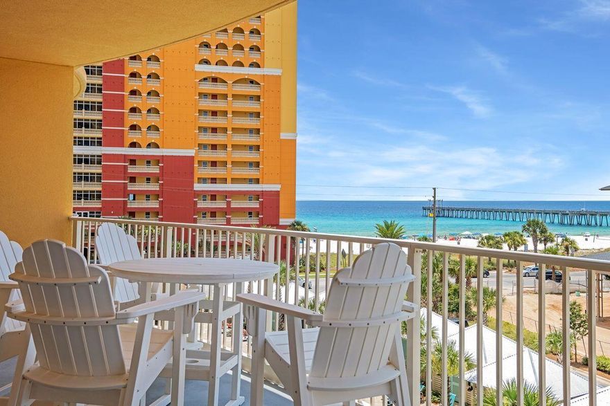 Welcome to Calypso Towers III, Panama City Beach's newest luxury resort, perfectly located just steps from Pier Park. This stunning 1-bedroom, 2-bath condo on the 4th floor offers breathtaking Gulf views, from the primary bedroom and living room, with 2 sets of large sliding glass doors doors leading to a spacious 200-square-foot balcony. Unit 409 is uniquely positioned for maximum privacy, with the elevator opening directly to a foyer just outside your door, and the unit is 100% covered from the parking garage to the unit! The condo boasts wood floors, quartz countertops, updated backsplash, and modern stainless steel appliances, all beautifully furnished and decorated in light, neutral tones. The primary suite features double vanities, a large walk-in closet, and a walk-in shower. Enjoy the convenience of a private owners' closet, a large laundry room, and a Kaba lock for added security. Calypso Resort offers an array of upscale amenities including a zero-entry pool, hot tub, private cabanas, a tiki hut, fitness center, and onsite dining. With easy access to Panama City Beach area top attractions, including the new Dolly Parton's Pirate Show and Top Golf. This condo is sold fully furnished and rental ready. Your coastal dream awaits! Buyer to verify all information and dimensions.