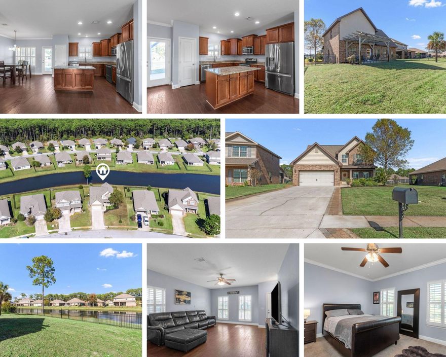 SELLERS OFFERING A $5,000 FLOORING ALLOWANCE! Nestled in the picturesque community of  Driftwood Estates, this charming 4-bedroom, 2.5 bathroom single-family home offers the perfect blend of comfort and style. This amazing property offers beautiful views and is situated on 70 feet on one of the seven ponds within the Driftwood Estates community. The home has been elegantly upgraded with beautiful white built-in shutters throughout from top to bottom! As you step into the home, you are greeted the spacious living room complete with hardwood floors, ceiling fan, and plenty of windows for lots of natural light. The living room is open to the home's large kitchen and dining area. The kitchen is complete with wood cabinetry with under cabinet lighting that is wired into the electrical system, granite counters, stainless steel appliances, island with breakfast bar, pantry, and window overlooking the pond. The dining area is just off of the kitchen with a large window and plenty of room for a large table for dining. There is a first floor powder room just off of the kitchen and dining area for guests. The first floor master bedroom is adorned with crown molding and can easily accommodate a king bed. There is a double window in the master bedroom that overlooks the backyard and pond. The master bathroom has 20x20 inch tiles, granite double vanity, walk-in tile shower with glass enclosure, linen closet, water closet and large walk-in closet.
The second floor of the home offers a HUGE bonus room that could easily work as an additional bedroom, media room, pool table or more... Also on the second floor, are two additional bedrooms separated by a second full bathroom. The home's indoor laundry room is located just off of the hallway. The home's two garage has a fully finished floors and interior space complete with auto opener. The extra wide driveway has been tastefully extended with pavers for comfortable parking. The front of the home has a cover front porch overlooking the street. Relax in the sprawling backyard with newly installed black iron fence (perfect for pets) and open patio with arbor overlooking the the beautiful pond.
There are TWO brand new HVAC units installed in 2024 (upstairs and downstairs). The entire downstairs has also been freshly painted in 2024. Enjoy the perks of living in Driftwood Estates with a community pool, playground, park, tennis courts and more!
Close to Sacred Heart Hospital, Publix, Grand Boulevard, wonderful shopping and dining and just a short drive to the Emerald Coast beaches. Don't miss out on the opportunity to call this wonderful Santa Rosa Beach home yours, scheduling your showing TODAY!