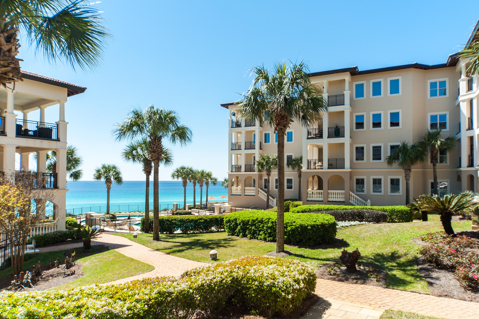 Coastal elegance awaits you at Bella Vita B107!  Rising above the highest point on the US Gulf Rim, living abounds from this luxurious, 3 bedroom, 3.5 bath updated home.  Upon entering, you will see, the Open Floor plan marries the kitchen, dining and living room while providing distinct comfortable spaces for entertaining coastal style.  The radiant kitchen features quartz countertops, elegant Carrara marble backsplash, grey and white cabinets as well as top of the line appliances including Sub Zero and Thermador. The spacious 256 sq. ft. veranda with new furniture effortlessly flows to the lush gardens of the piazza and fountain leading to the Sunset Deck, two picturesque swimming pools, of which one is heated, and 365 feet of private beach.