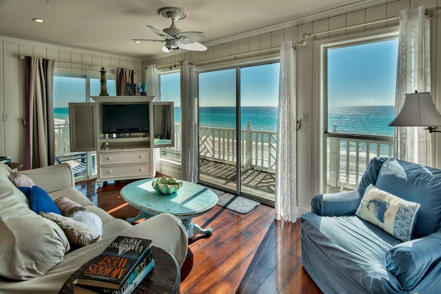 Gulf Front Masterpiece with Strong Rental History. It may be impossible to outshine waking up to the sun sparkling off the emerald green Gulf of Mexico outside the window and going to bed with moonlight beams dancing on the same beautiful water mere steps from the deck of this wonderful, 6-BR beachfront house. The rental revenue stream tops $180,000 per year, and personal vacations will wow family and friends to the horizon and back. Open living spaces embrace an unusual architectural concept with intriguing textures and materials. Two stories of open space have cream vertical shiplap walls, and the second floor has open balconies around three sides overlooking the living room and marble fireplace.