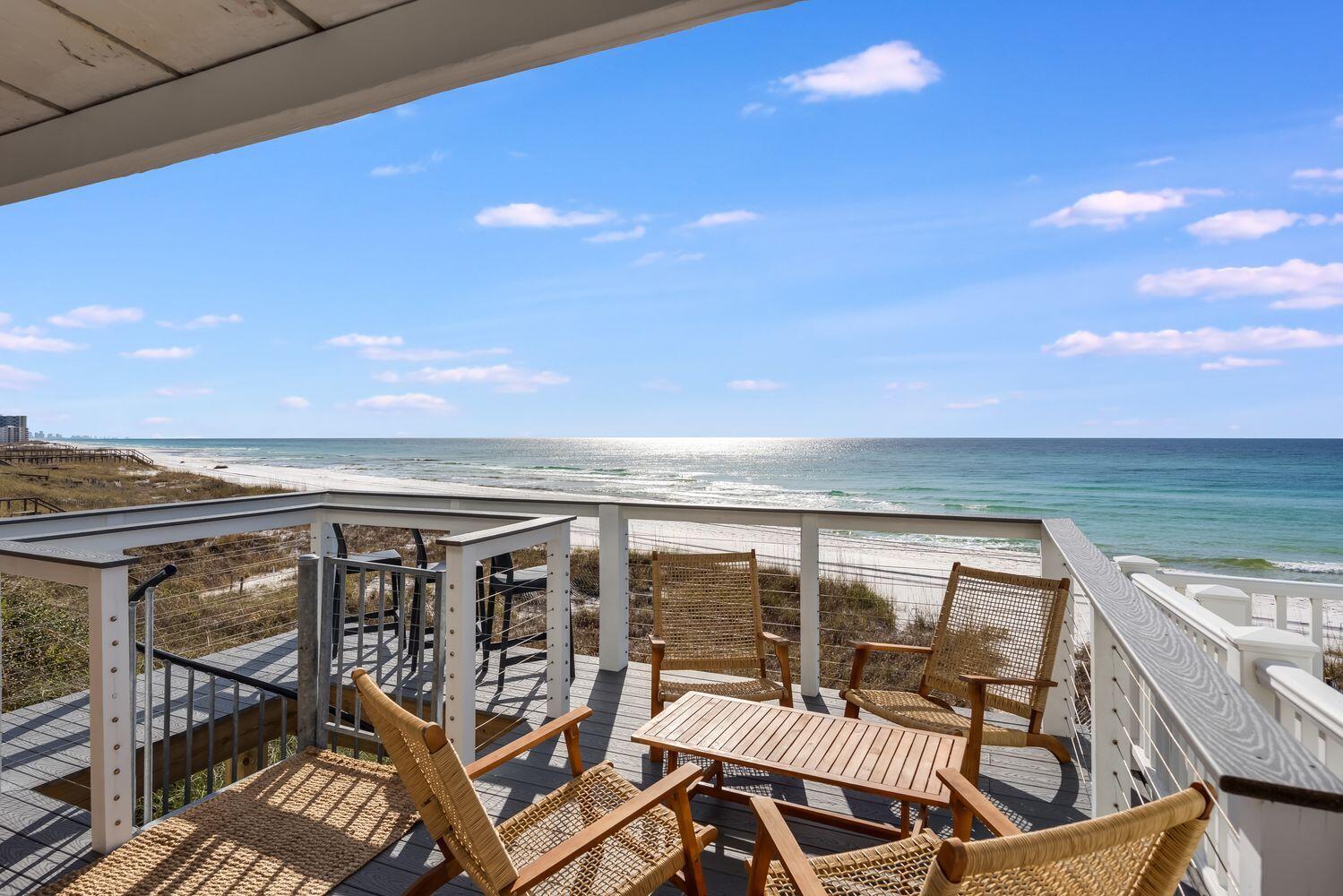 Generating over $110K of verified income in 2024. Indulge yourself in the coastal lifestyle of 30A in this stunning Gulf-front townhome in Inlet Beach, FL. This house has fee simple ownership of your own PRIVATE BEACH and no homeowner association fees. Additionally, there is potentially room to add a dip pool with engineered plans in place from a local firm, which convey with the sale. Boasting 2 bedrooms and 2.5 bathrooms, this gem features an oversized kitchen adorned with exquisite quartz counters, soft-close drawers, and stainless appliances making culinary adventures an absolute delight. Entertaining is a breeze with a generously sized open porch, providing THE ideal setting for gatherings and soaking in the mesmerizing sunsets over the horizon a picturesque bac Upstairs, find in the ultimate relaxation within the master bedroom, strategically positioned to showcase breathtaking Gulf views and offering exclusive access to its private balcony, where the serene beauty of the ocean becomes your personal retreat. With vacation rental projections approaching $121K annually, you don't miss this chance to make your dream of Gulf-front living a reality! (Age of Roof is 2015, Age of Water Heater is 2024, Age of A/C is 2021, Age of Electric Panel is 2023, Property Has Been Converted to Sewer)