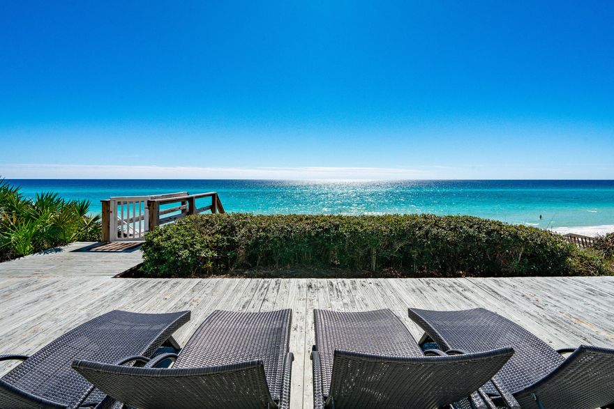 60 FEET OF GULF-FRONT PROPERTY rarely available in Seagrove Beach!   This rare one-level Gulf-front home in Seagrove Beach offers a coastal living experience like no other. Located along the stunning white sandy beaches of 30A, the home is ideally positioned just adjacent to Seaside, placing it in one of the most sought-after areas in the region. The interior features a bright and airy coastal design, with an open-concept living, dining, and kitchen area that seamlessly flows to create a welcoming space for family and friends.The residence offers both privacy and convenience, with the added benefit of being just across the street from a fine dining restaurant and the family-friendly Seagrove Village Market. Easy access to Seaside is also available via the scenic 30A bike trails, making this home the perfect retreat for those who enjoy a blend of relaxation and adventure.
The Gulf-front master bedroom offers breathtaking views, while two additional bedrooms provide ample space for guests. A bonus room off the garage offers versatile options, whether it's used as an office, media room, or bunk room. Perched on one of the highest points in the area, the home boasts a private deck area that overlooks the Gulf, offering stunning views of the water.
The property is beautifully appointed with granite countertops, stainless steel appliances, tile flooring, cement fiber siding, and a standing seam metal roof. It is being sold fully furnished, with a list of exceptions provided by the seller. The home's prime location means you'll have easy access to all the shopping, dining, and attractions that Seaside and Seagrove have to offerall without the burden of HOA fees.
 




