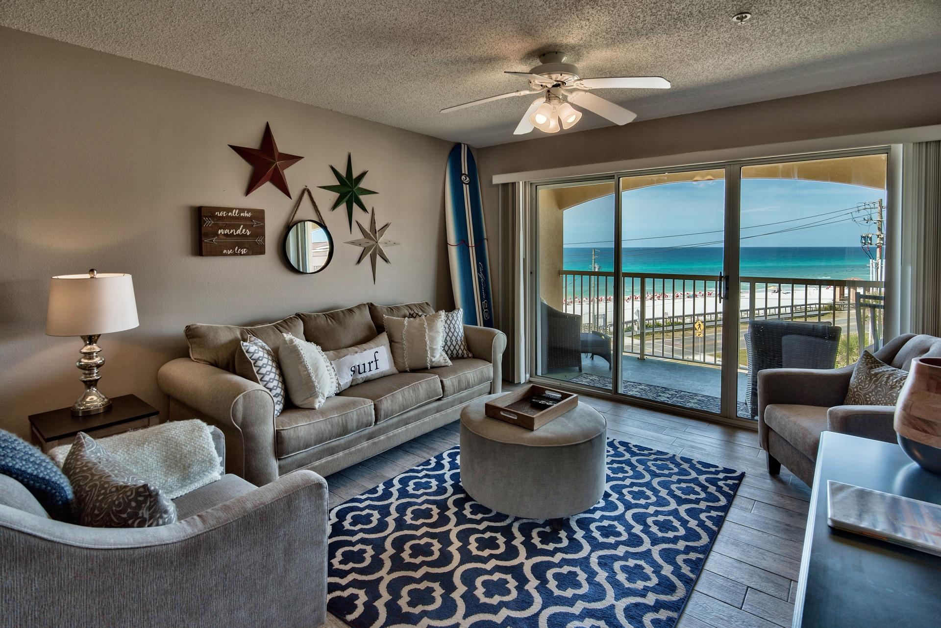 RECORD Performance! Gross rents over 50K in 2019 Top floor unobstructed ocean view condo with deeded beach access. Best view in the complex! Upgrades include tile wood-like flooring and granite countertops.. Amenities include swimming pool,(seasonally heated) 2 lighted tennis courts, on-site charcoal grills, an outside shower, located directly across from Scenic Gulf 98, with easy pedestrian-friendly private beach access, and steps from world famous Pompano Joe's restaurant.