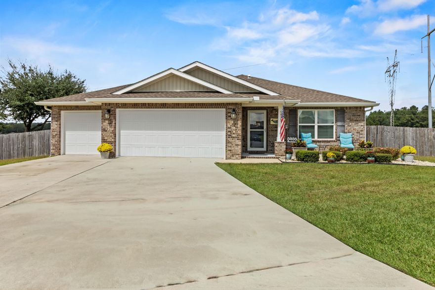 Tucked away on a quiet cul-de-sac, this 4 bed, 2 bath home rests on a 0.37-acre lot with no neighbors behind, offering both privacy and space. Step inside to find LVP flooring throughout the main living areas, tile in the bathrooms, and carpet in two bedrooms for added comfort. A 3-car garage with a mini split provides versatile space for storage, projects, or a workshop.The backyard is designed for relaxing evenings and gatherings, featuring a covered patio, a 15x20 pergola, and a 10x12 shed, all within a fully fenced yard accented by landscaping and gutters already in place. Enjoy comfort and convenience with the new Walmart Pace Market just 3 minutes away, Whiting Field only 19 minutes, and NAS Pensacola just 43 minutes from your door.