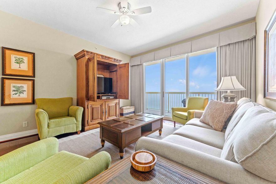 ACCEPTING BACKUP OFFERS Raising the standard of beach living, Calypso 1-2002 truly creates the ambiance of being in a beach house in the sky with an expansive ocean view. Enjoy living at what many believe is the best location in Panama City Beach. The 2 Bed/2 Bat + Bunk room lives and rents like a true 3 Bedroom. Features include 9' ceilings, Hard surface flooring in living area, granite counter tops in the bathrooms, and kitchen and stainless-steel appliances in the kitchen. The unit's large balcony is accessed from the living area and master bedroom and allows for spectacular ocean and pool views from the living area, kitchen, and master suite. NEW HVAC this year (2023)!