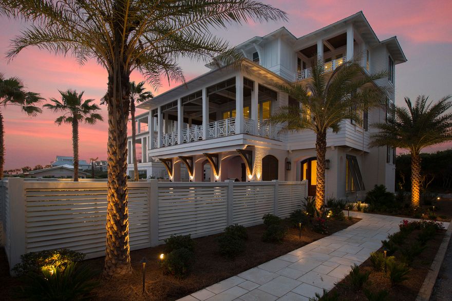 Located in a four-home enclave in the heart of Inlet Beach, 292 Pompano sits only one row back from the beach and was built with intention and elegance by a team of architects and designers. The interior and exterior designs reflect this, with beautiful and innovative designs combining the stunning Gulf views with the height of luxury living. 292 Pompano initially greets you with beautiful stone walkways and white privacy fences; and invites you in with a handsome arched mahogany door and a mosaic-tiled water feature. An inviting salt-water pool, complete with a sunbathing tier, captures maximum sunlight and is heated for night and wintertime enjoyment. The main living area, located on the second floor, will absolutely stun you with the expansive views of the emerald Gulf waters.